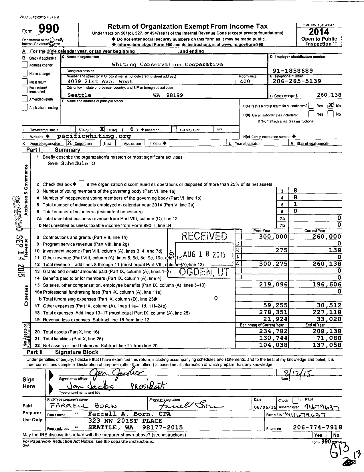 Image of first page of 2014 Form 990O for Whiting Conservation Cooperative