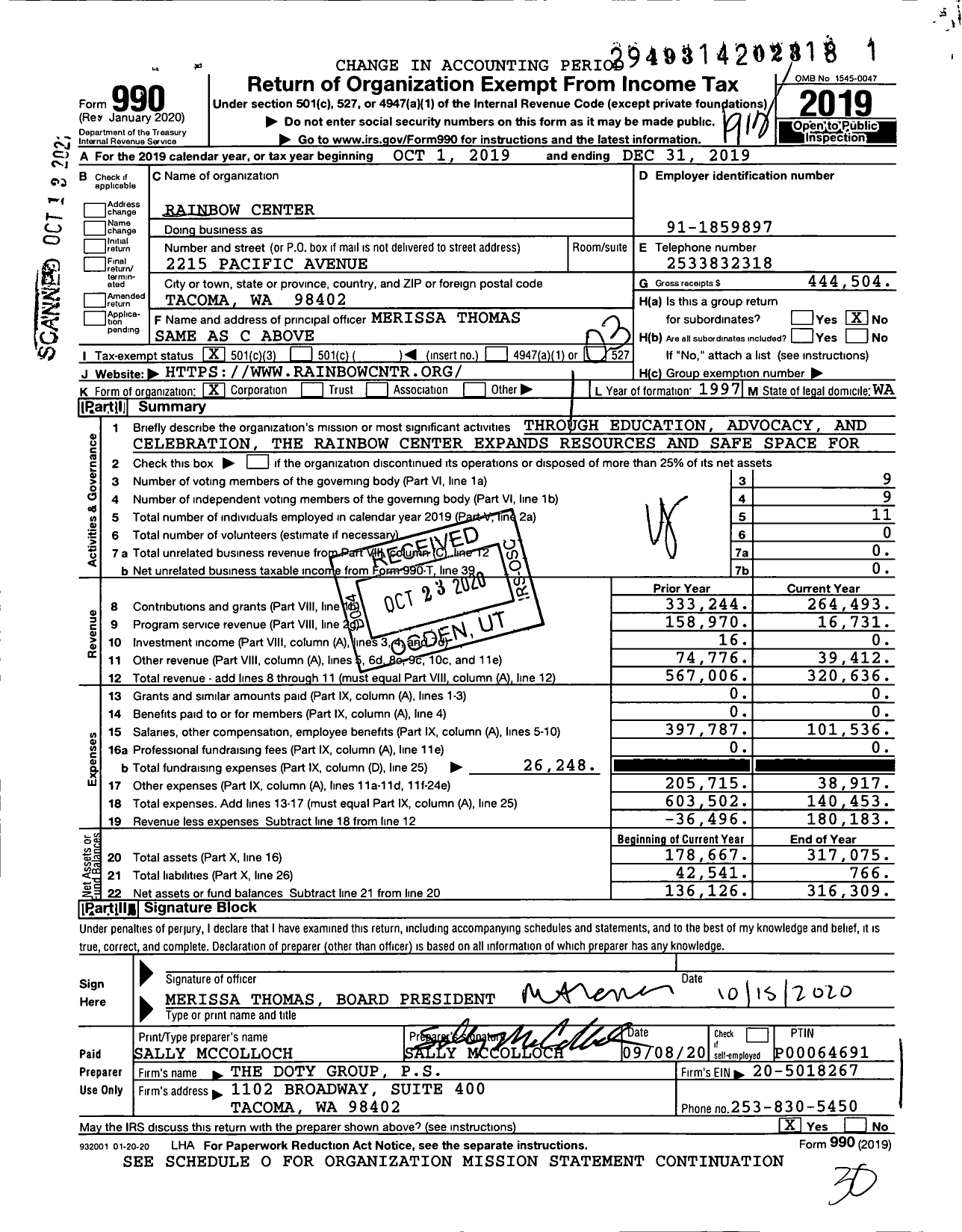 Image of first page of 2019 Form 990 for Rainbow Center