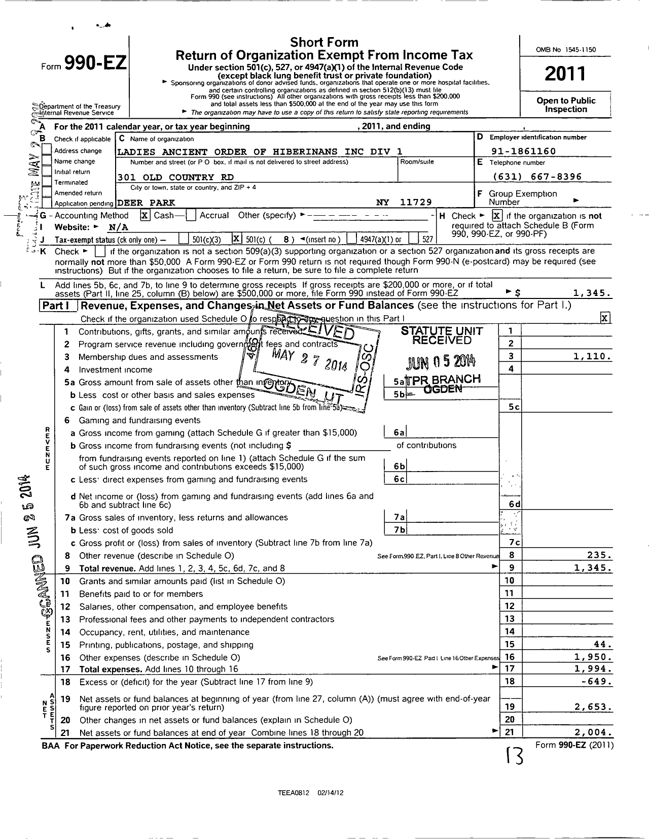 Image of first page of 2011 Form 990EO for Ancient Order of Hibernians Ladies / 1 Howard Division