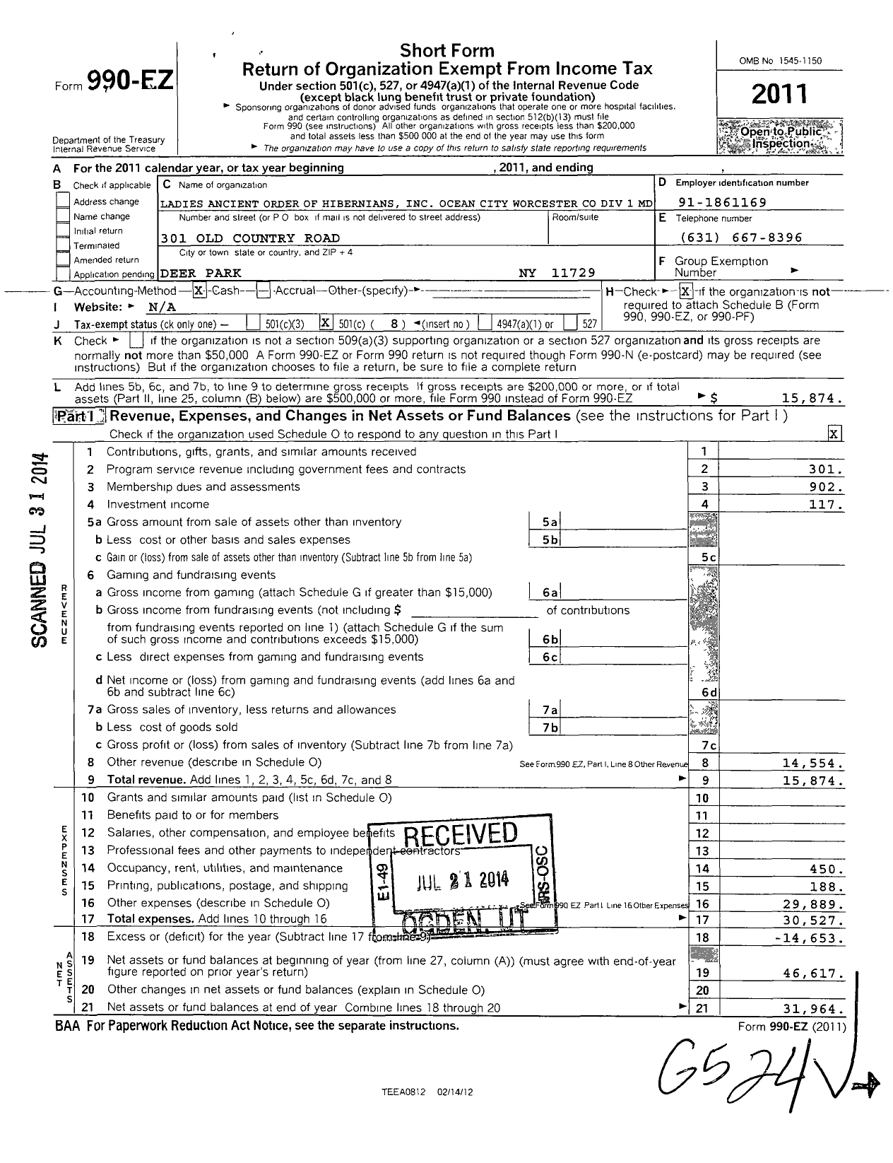 Image of first page of 2011 Form 990EO for Ancient Order of Hibernians Ladies