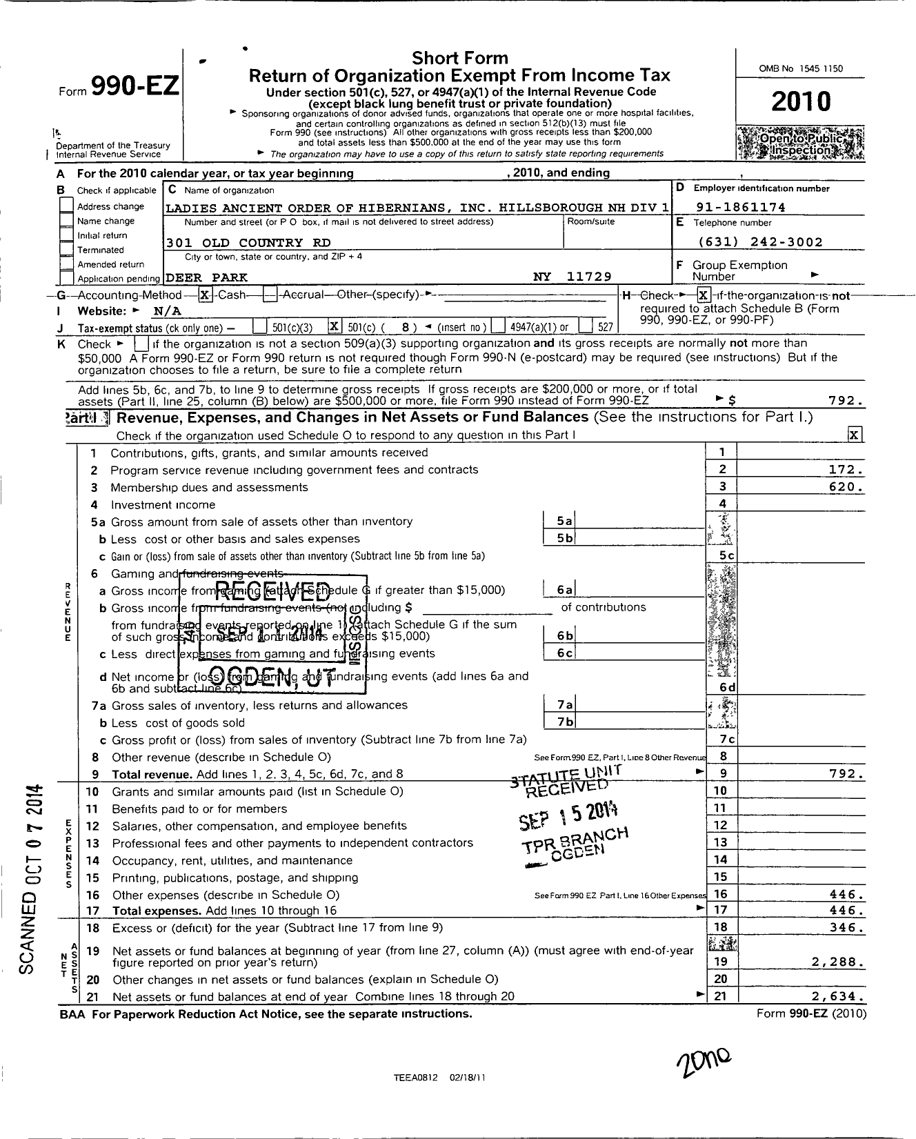 Image of first page of 2010 Form 990EO for Ancient Order of Hibernians Ladies