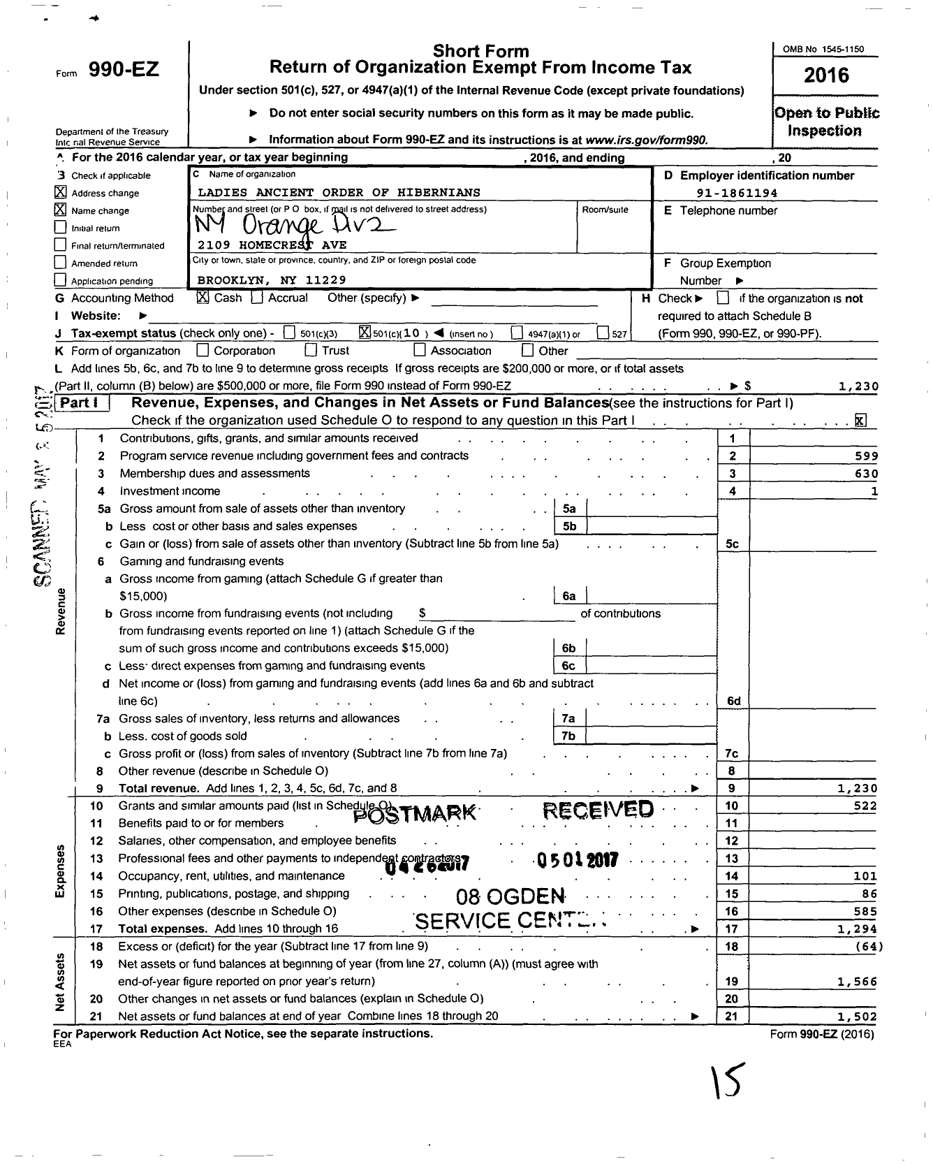 Image of first page of 2016 Form 990EO for Ladies Ancient Order of Hibernians / Div 2 Orange Cnty Ny