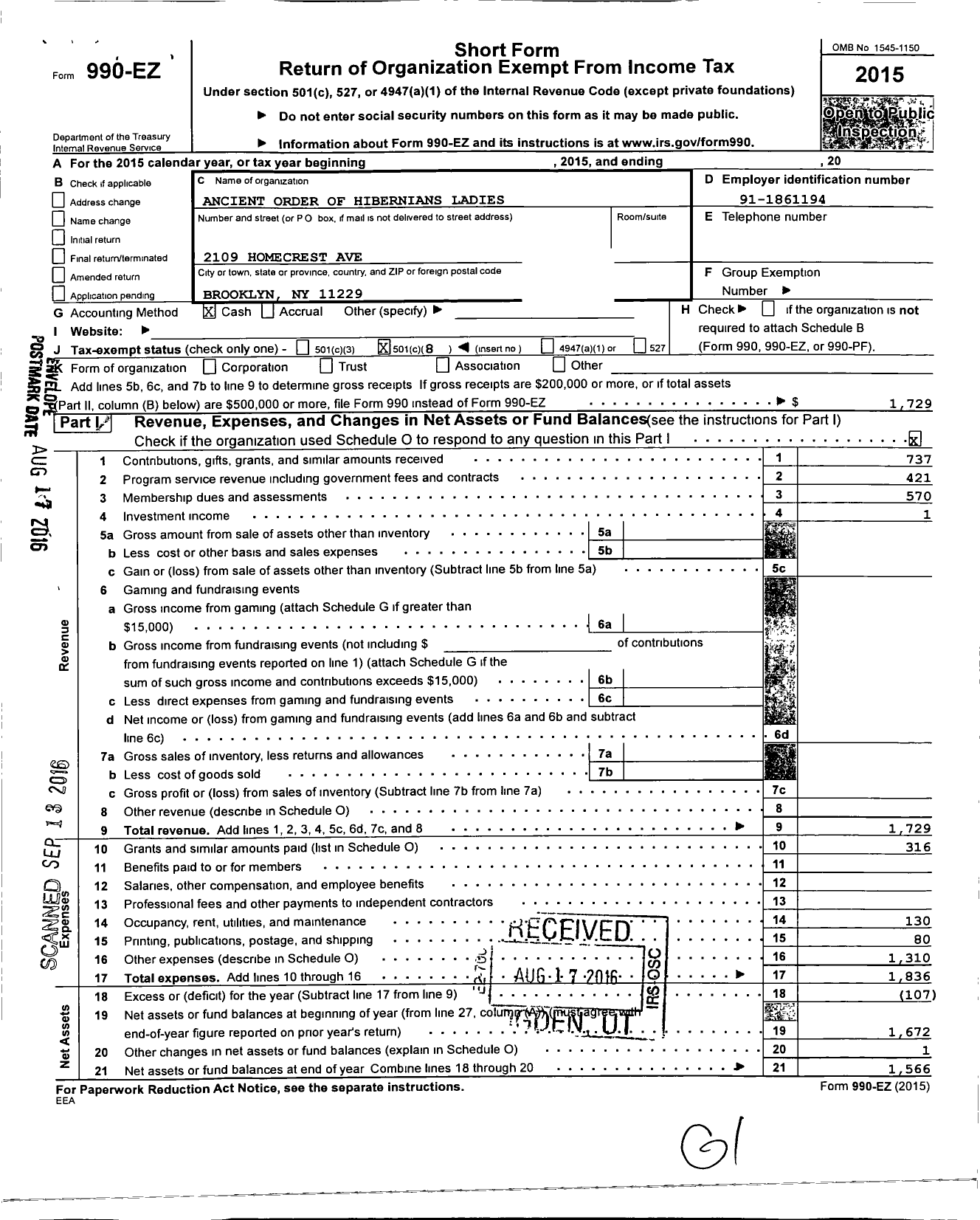 Image of first page of 2015 Form 990EO for Ladies Ancient Order of Hibernians / Div 2 Orange Cnty Ny