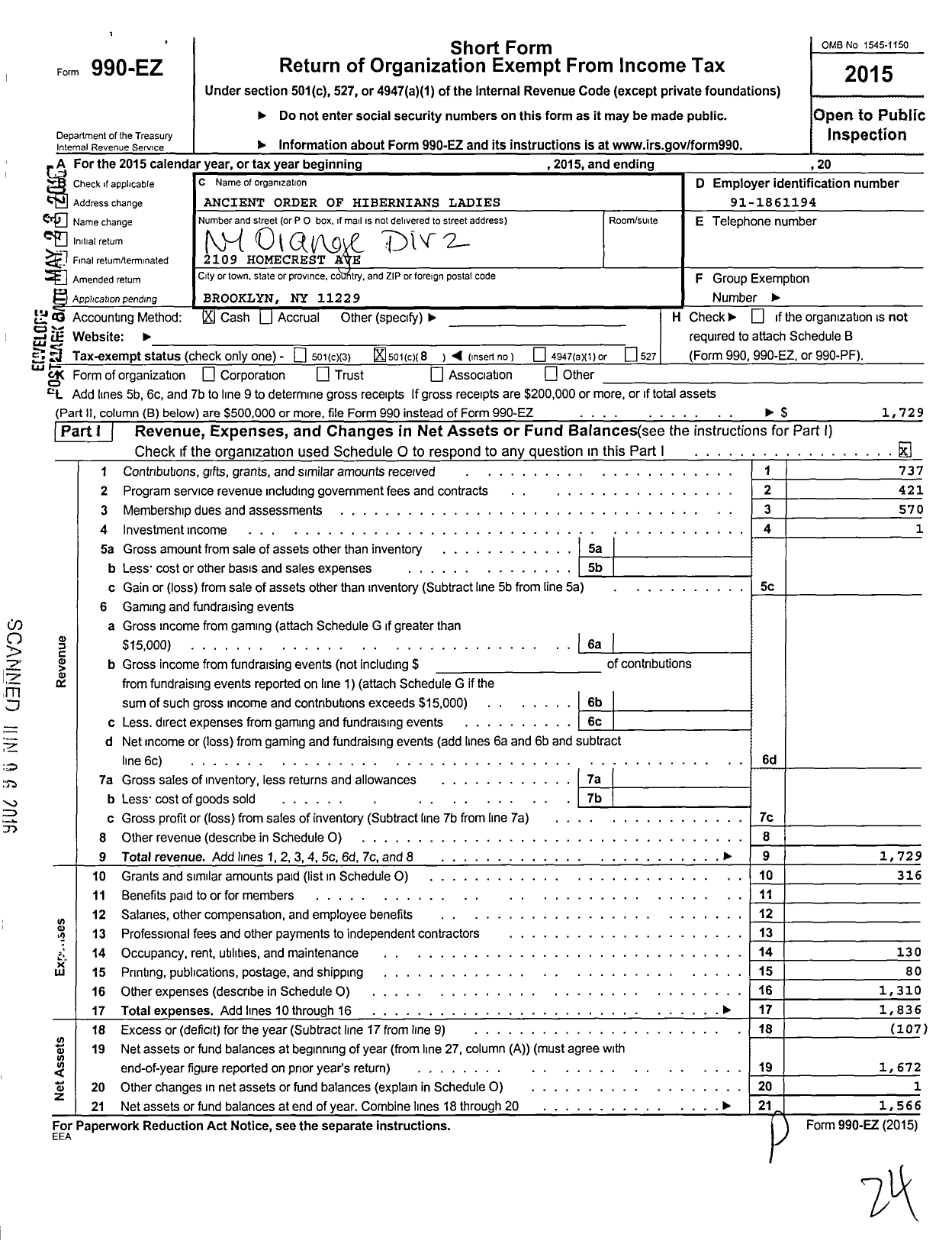 Image of first page of 2015 Form 990EO for Ladies Ancient Order of Hibernians / Div 2 Orange Cnty Ny