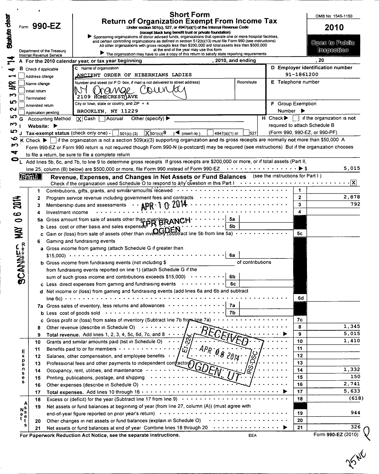 Image of first page of 2010 Form 990EO for Ancient Order of Hibernians Ladies / Orange Cnty Board Ny