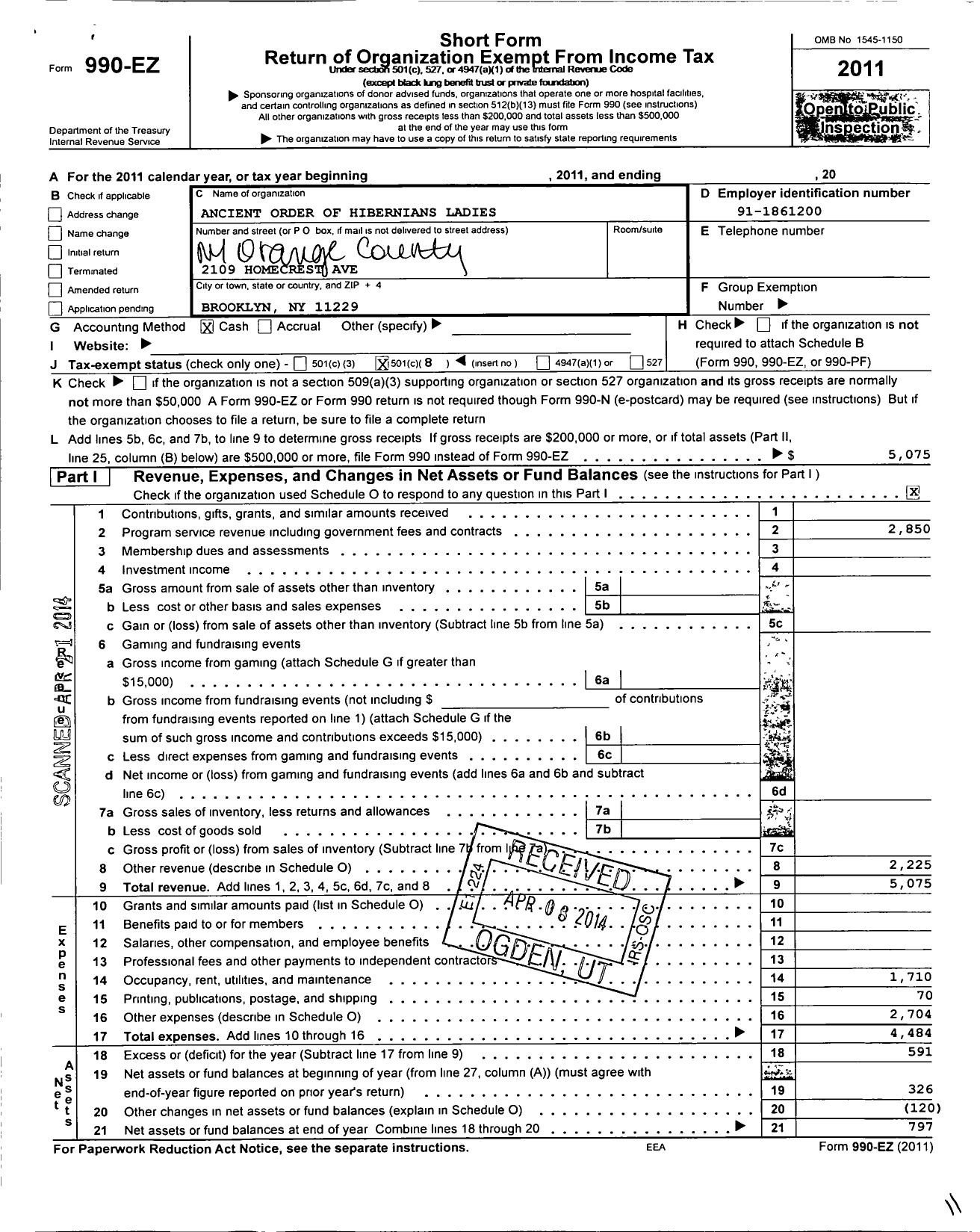 Image of first page of 2011 Form 990EO for Ancient Order of Hibernians Ladies / Orange Cnty Board Ny