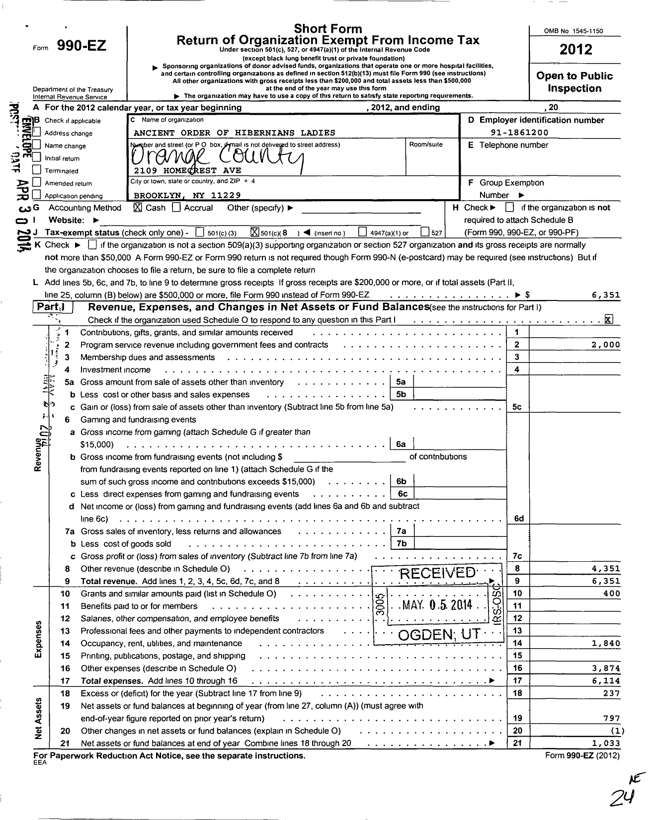 Image of first page of 2012 Form 990EO for Ancient Order of Hibernians Ladies / Orange Cnty Board Ny