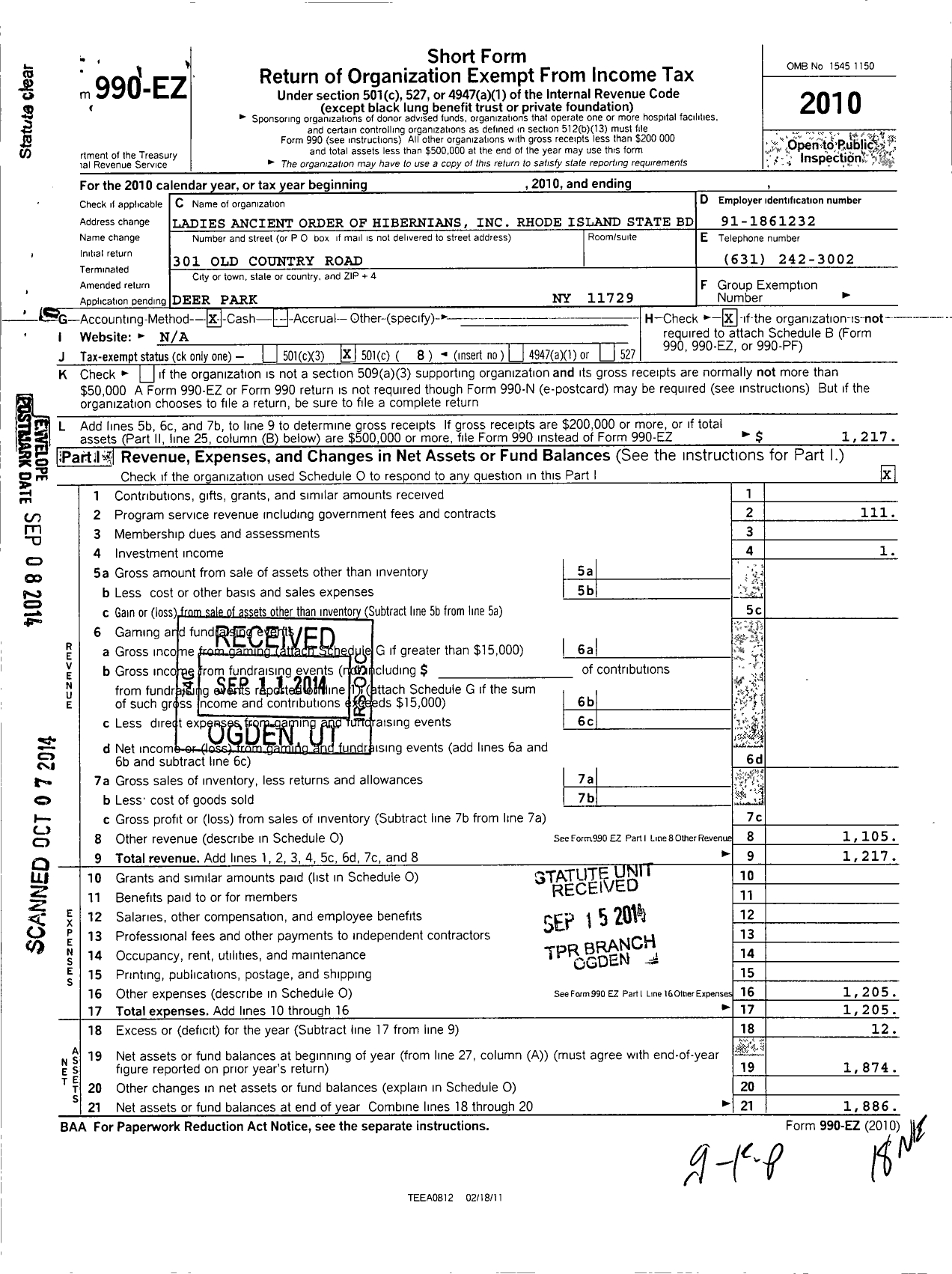 Image of first page of 2010 Form 990EO for Ancient Order of Hibernians Ladies