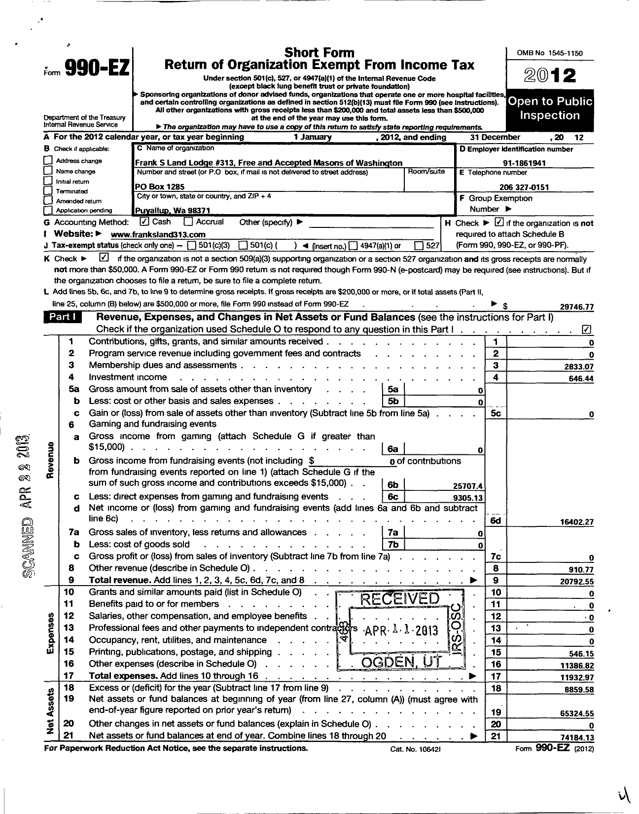 Image of first page of 2012 Form 990EO for Free and Accepted Masons of Washington - 313 Frank S Land Logde