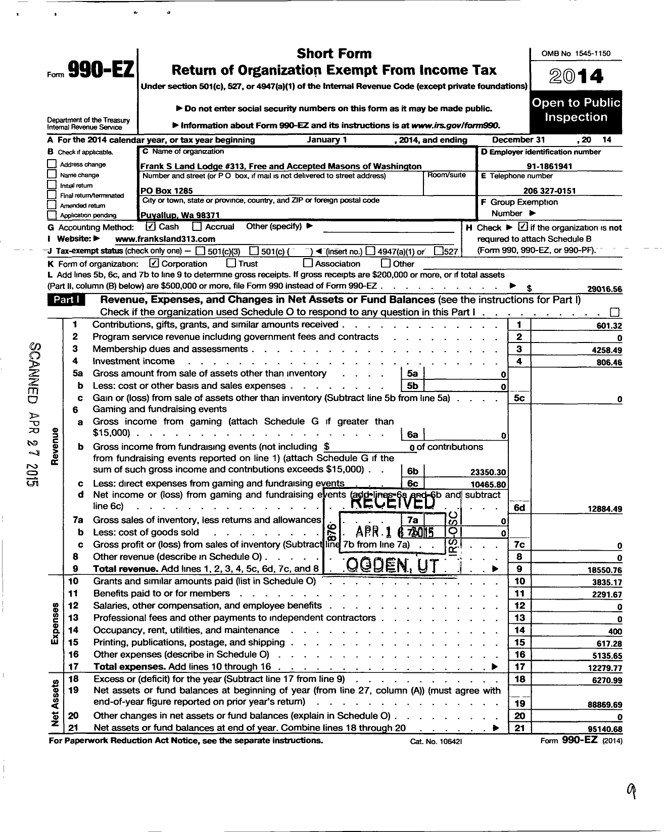 Image of first page of 2014 Form 990EO for Free and Accepted Masons of Washington - 313 Frank S Land Logde