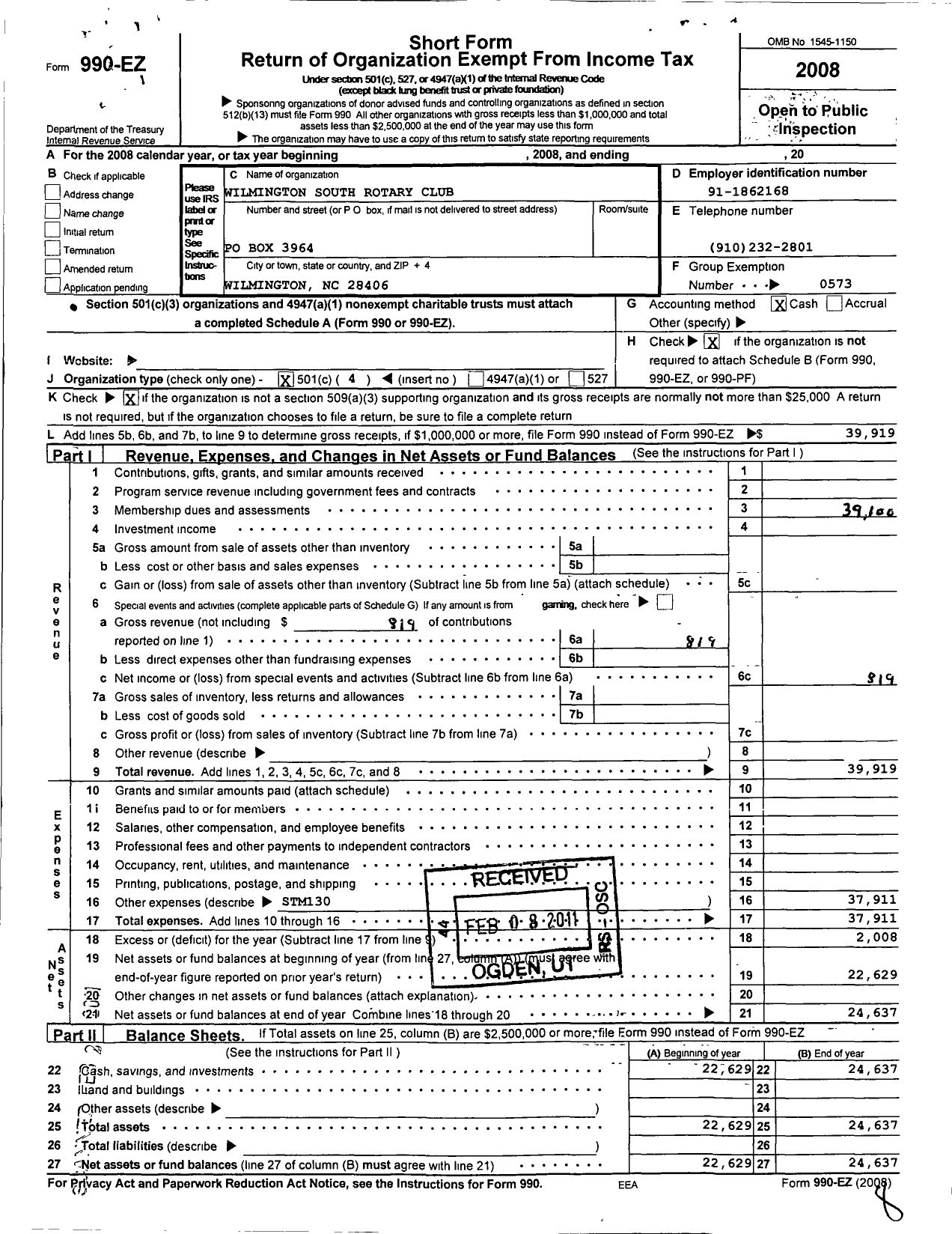 Image of first page of 2008 Form 990EO for Rotary International - Wilmington South NC Rotary Club