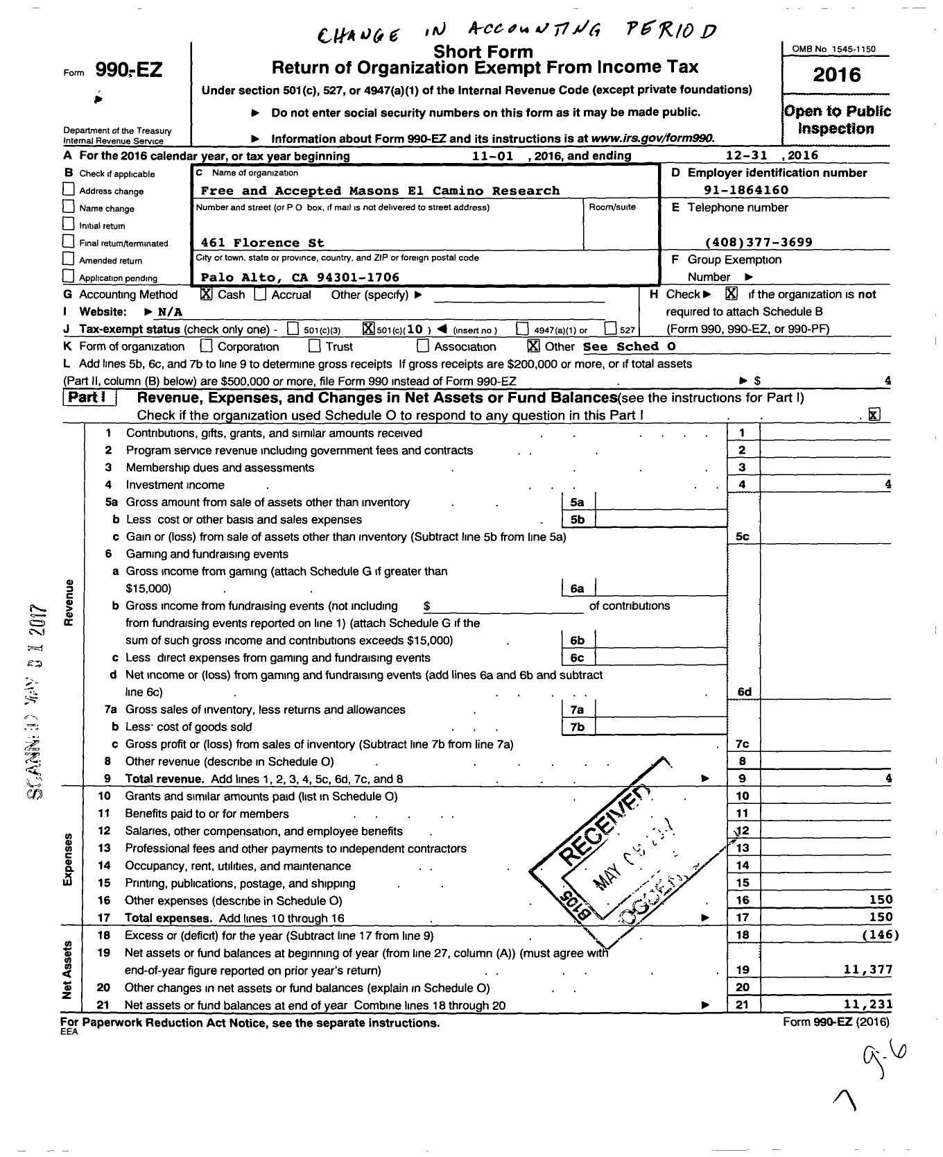 Image of first page of 2016 Form 990EO for Masons of California - 1002 El Camino Research