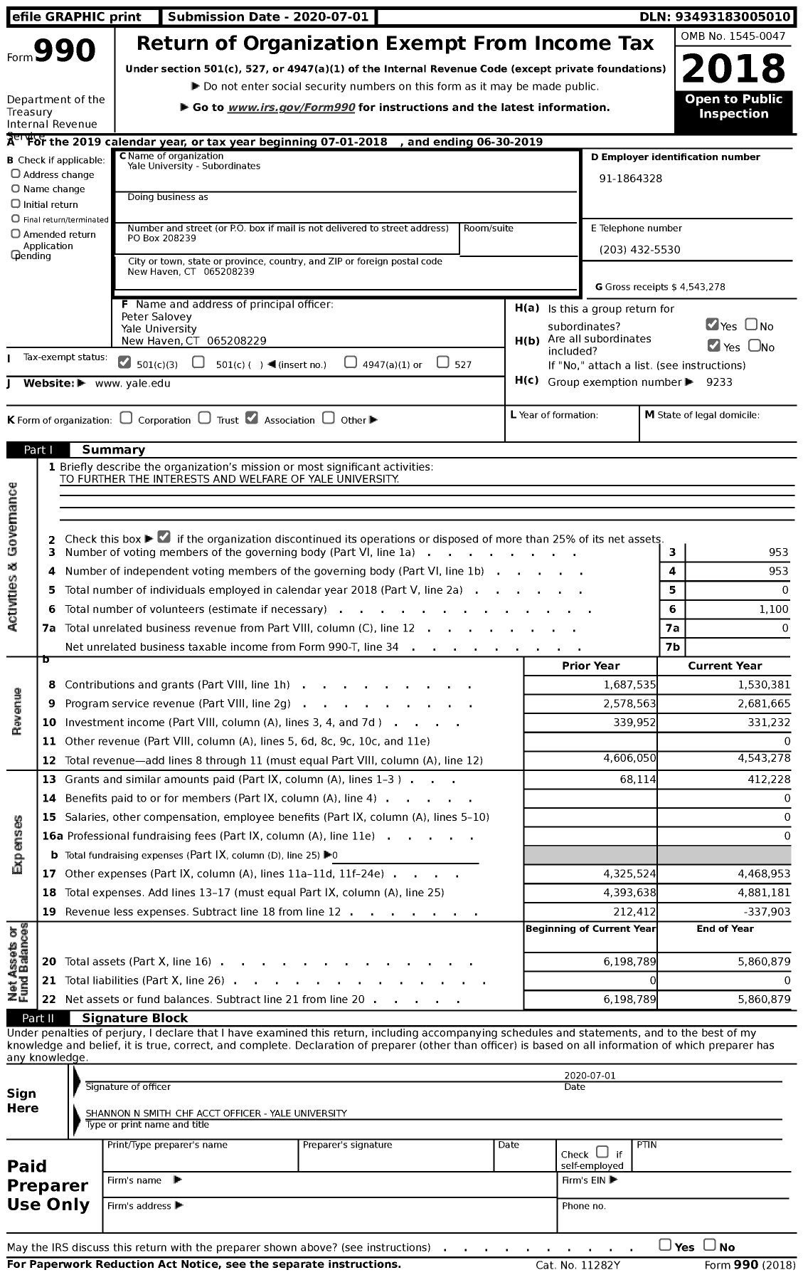 Image of first page of 2018 Form 990 for Yale University - Subordinates