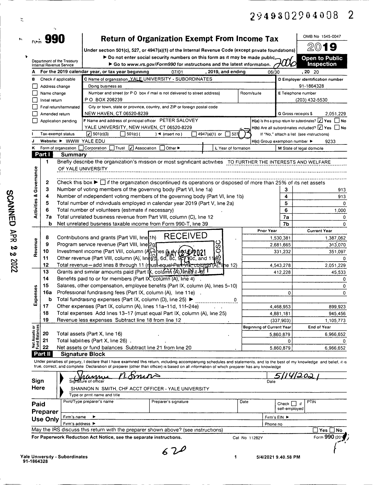 Image of first page of 2019 Form 990 for Yale University - Subordinates