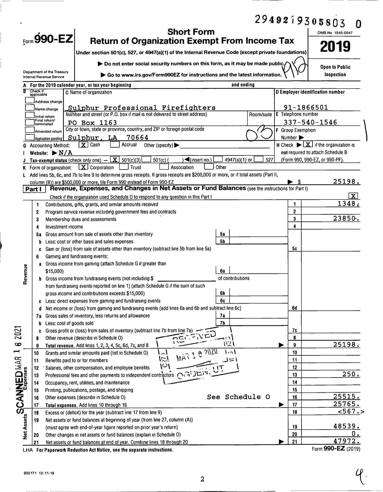 Image of first page of 2019 Form 990EZ for International Association of Fire Fighters - L3765 Local Sulphur Prof Firefighte