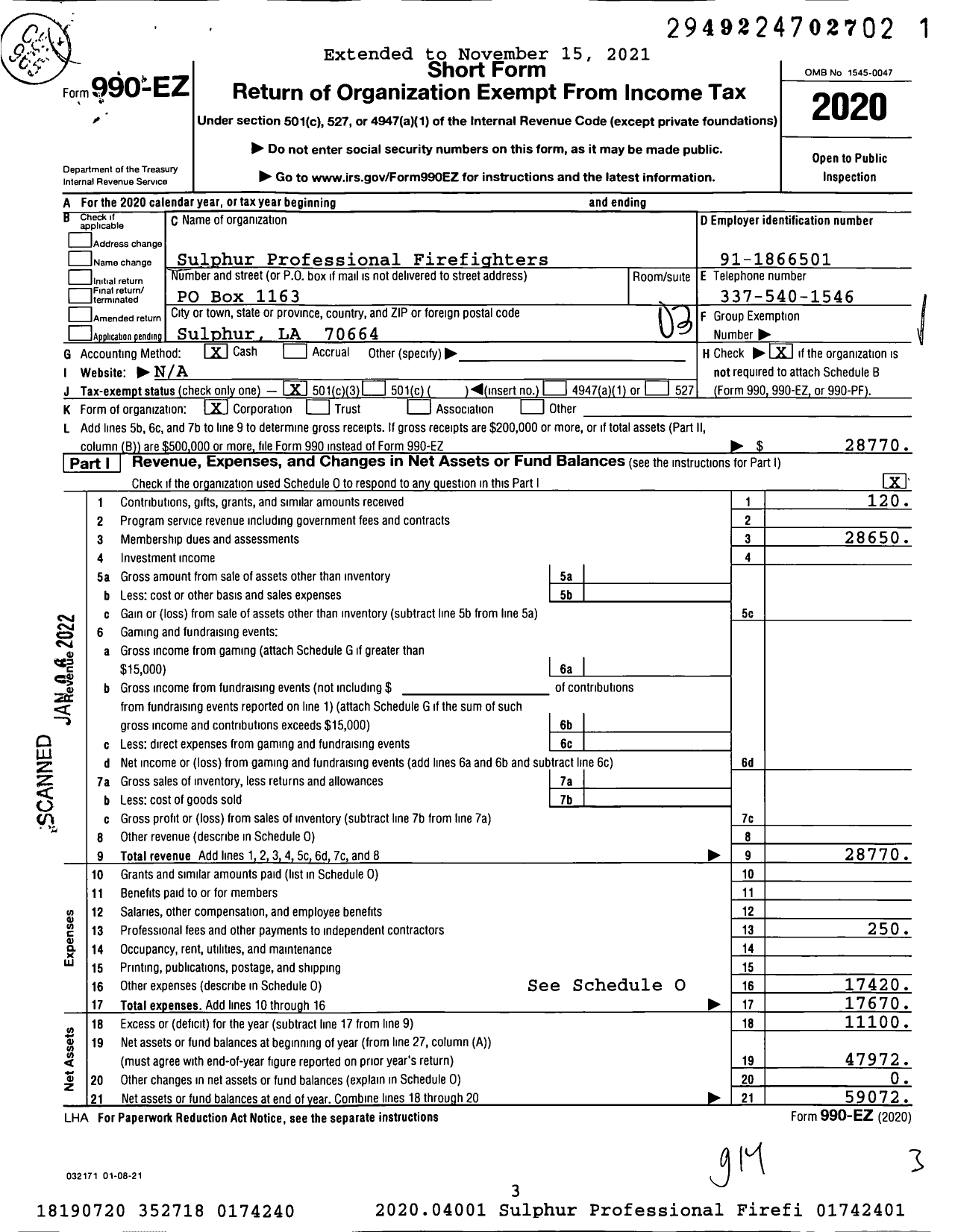 Image of first page of 2020 Form 990EZ for International Association of Fire Fighters - L3765 Local Sulphur Prof Firefighte