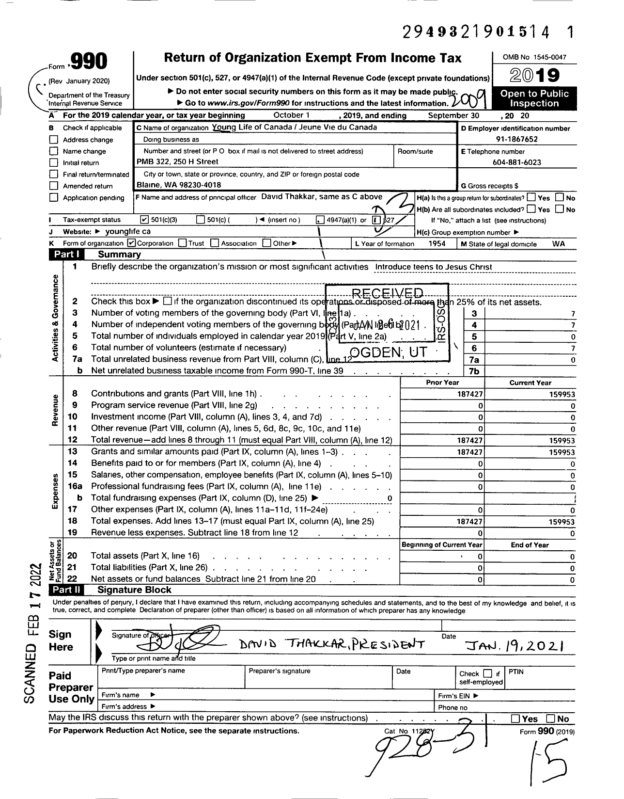 Image of first page of 2019 Form 990 for Young Life of Canada-Jeune Vie Du Canada