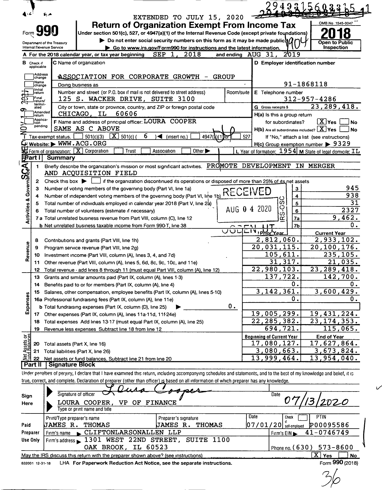 Image of first page of 2018 Form 990O for Association for Corporate Growth - Group