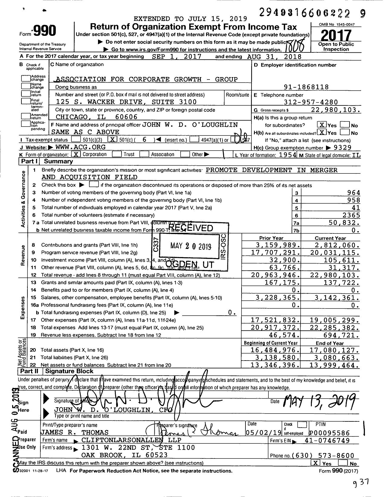 Image of first page of 2017 Form 990O for Association for Corporate Growth - Group