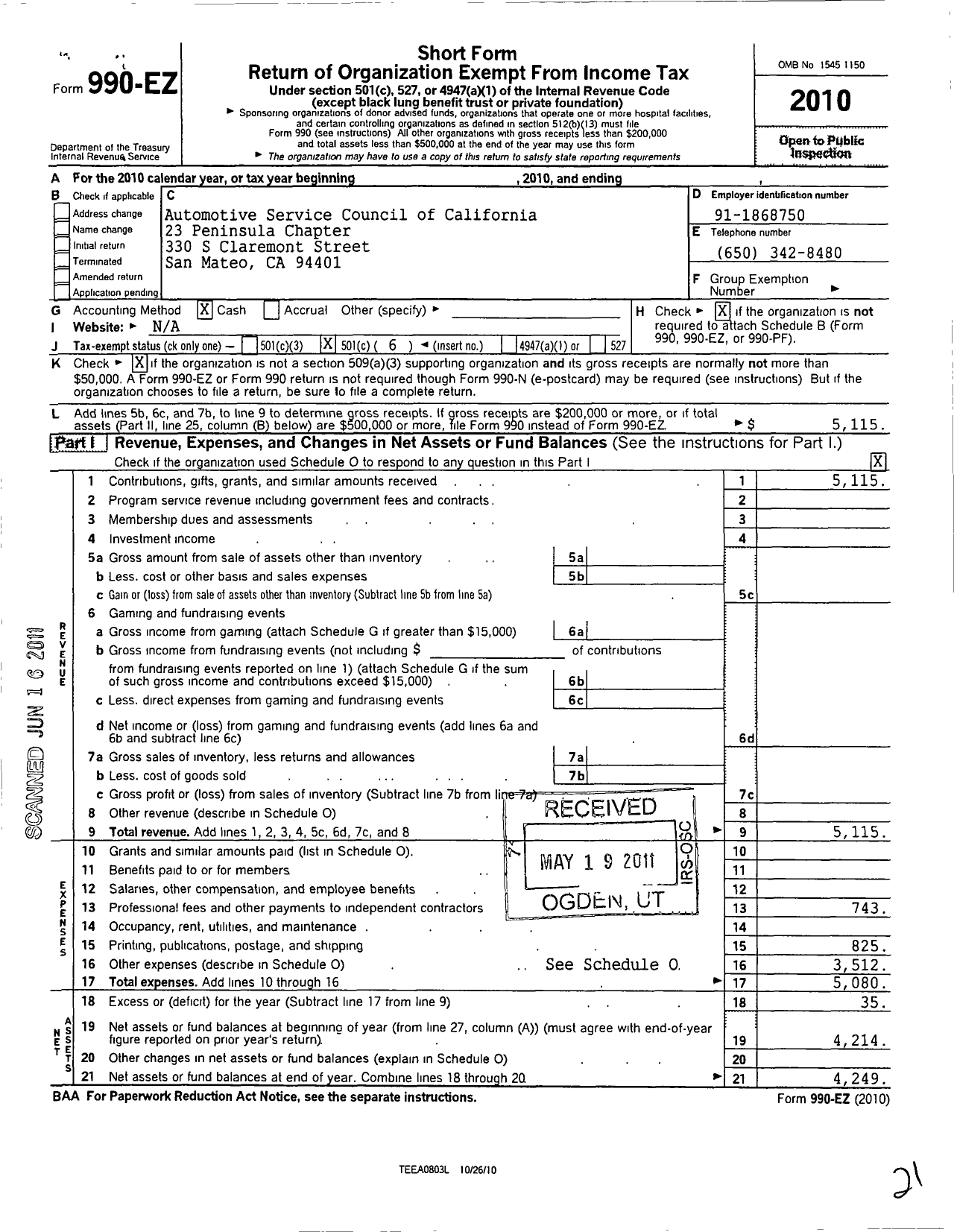 Image of first page of 2010 Form 990EO for Automotive Service Councils of California 23 Peninsula