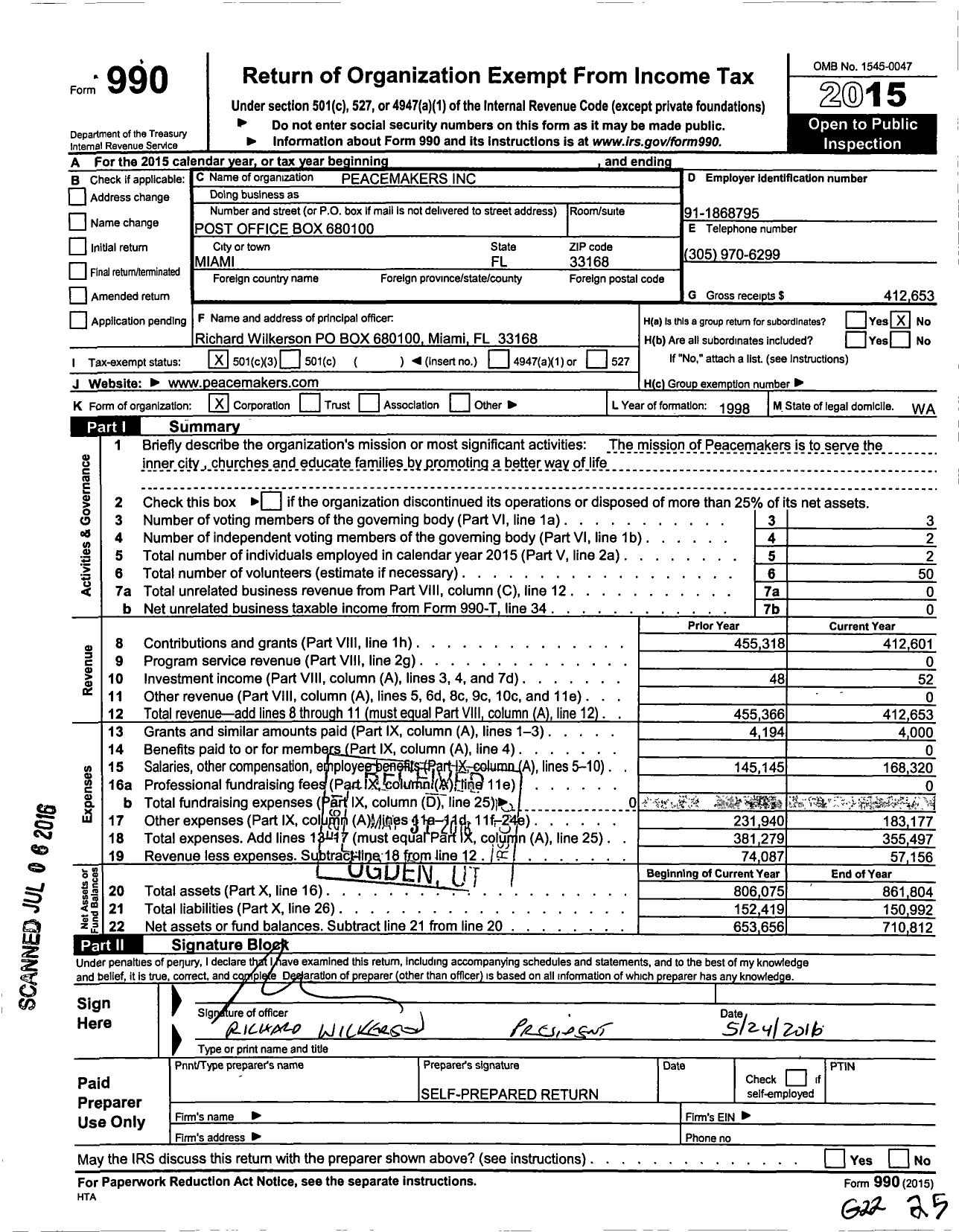 Image of first page of 2015 Form 990 for Peacemakers / Rich Wilkerson JR Ministries