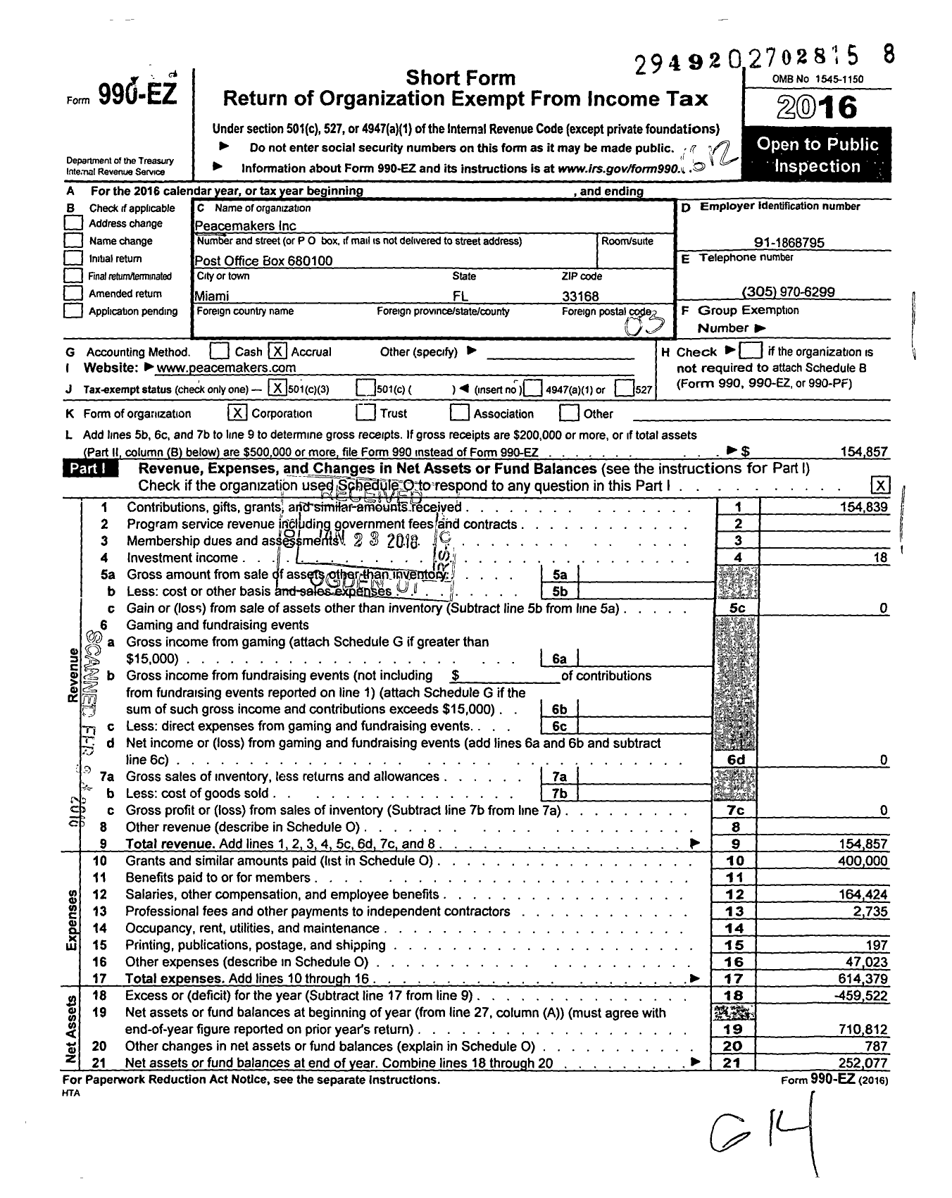 Image of first page of 2016 Form 990EZ for Peacemakers / Rich Wilkerson JR Ministries