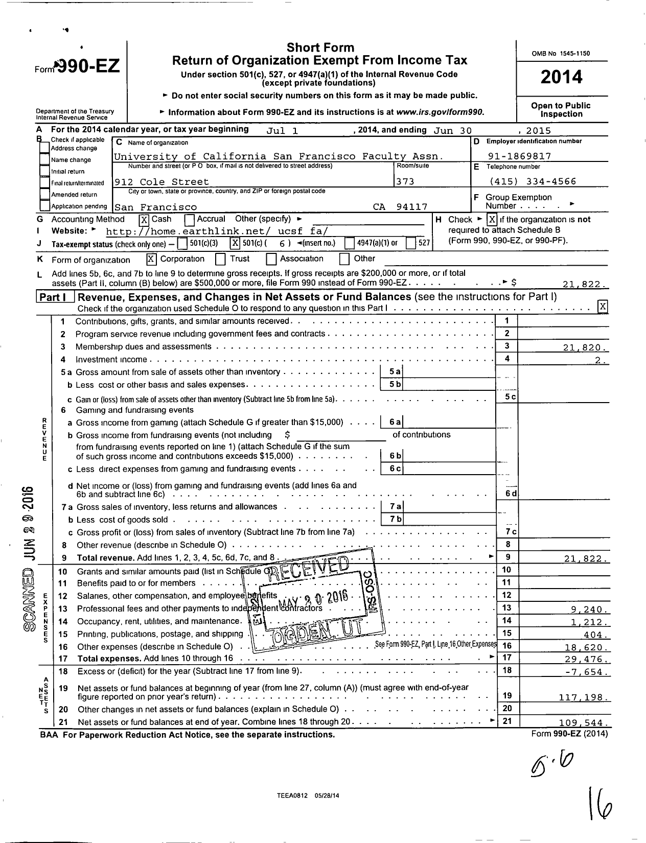 Image of first page of 2014 Form 990EO for University of California San Francisco Faculty Association