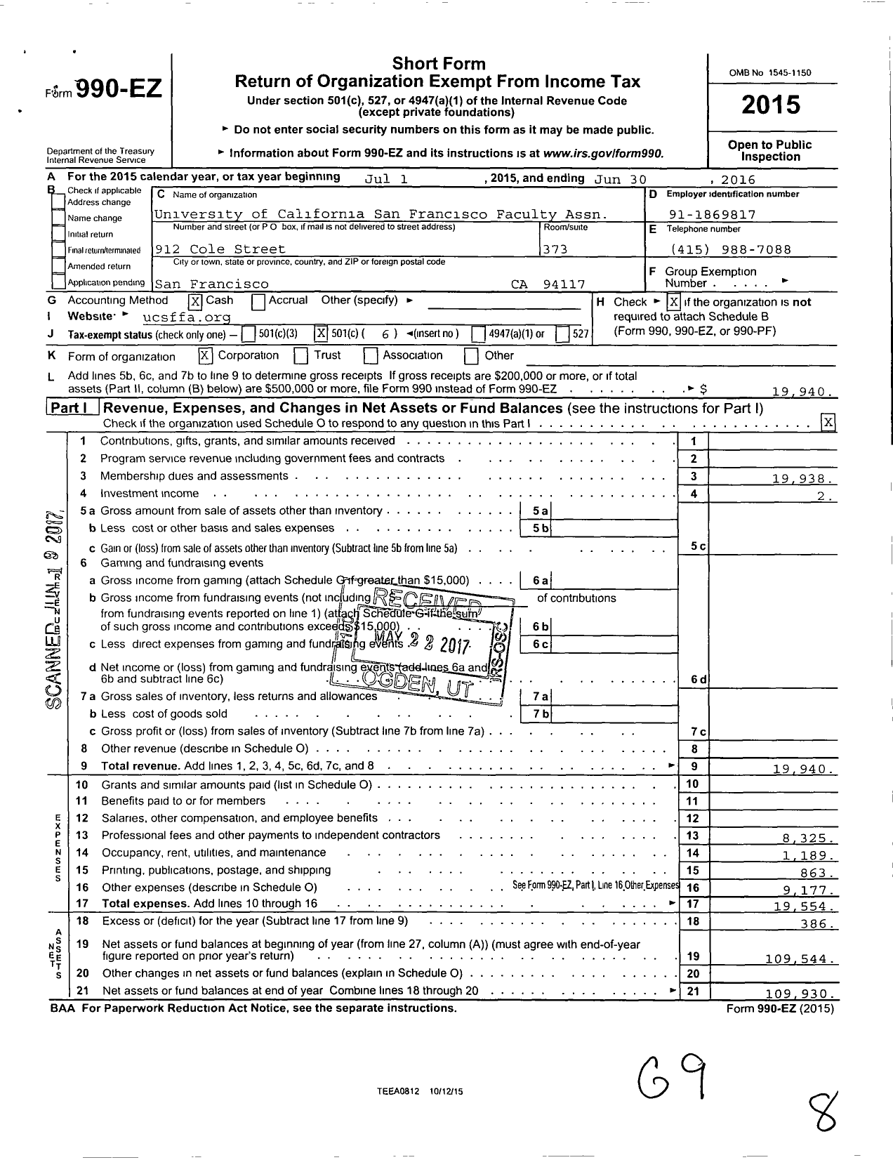 Image of first page of 2015 Form 990EO for University of California San Francisco Faculty Association