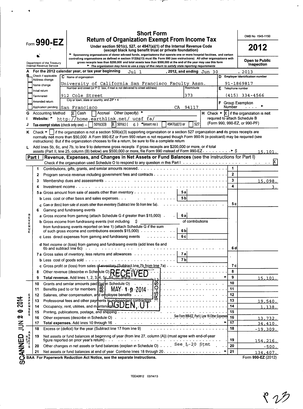 Image of first page of 2012 Form 990EO for University of California San Francisco Faculty Association