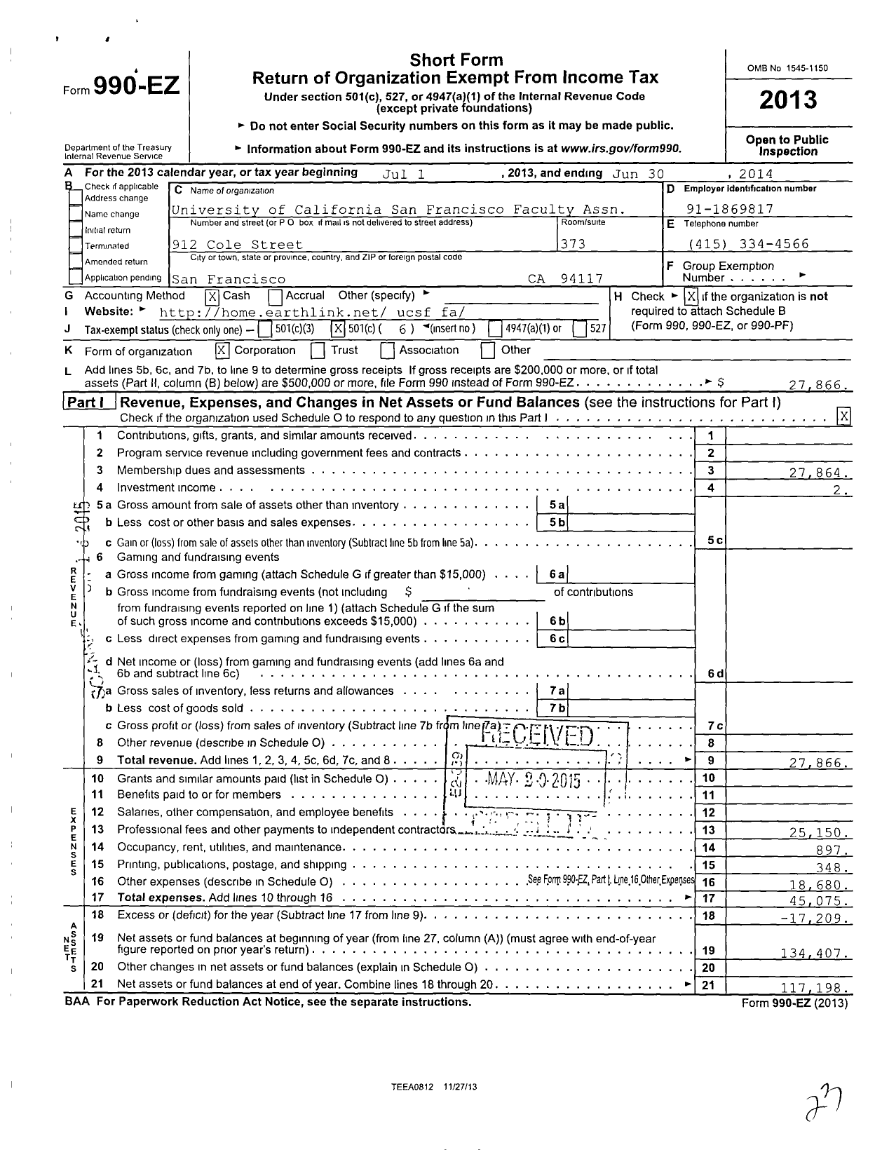 Image of first page of 2013 Form 990EO for University of California San Francisco Faculty Association