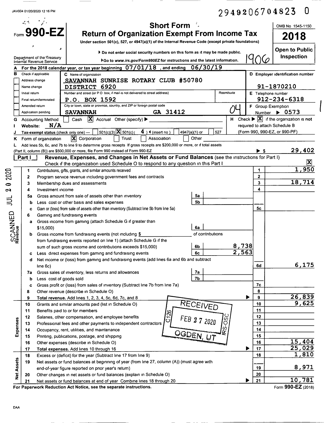 Image of first page of 2018 Form 990EO for Rotary International - Savannah Sunrise Georgia Rotary Clu