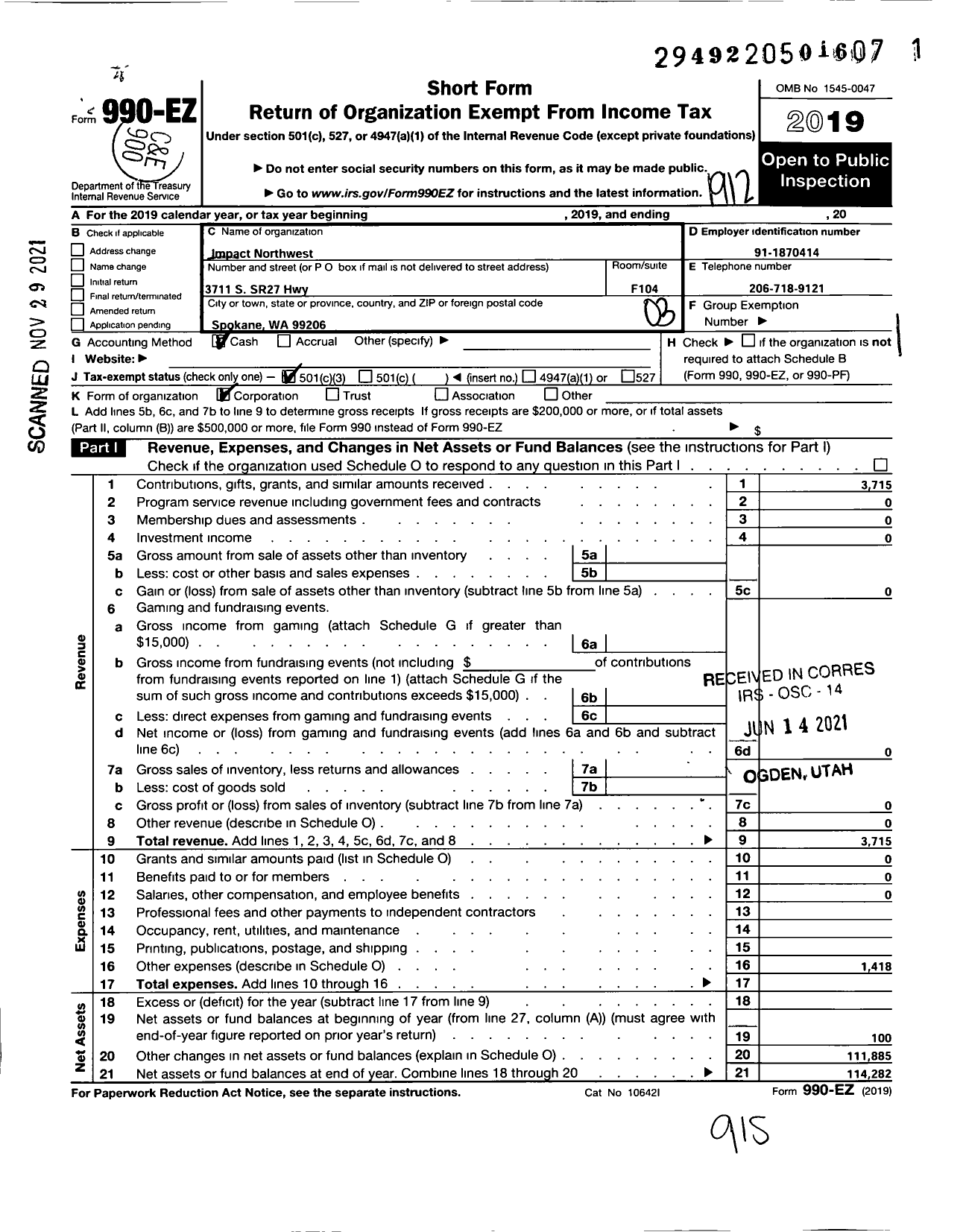 Image of first page of 2019 Form 990EZ for Impact Northwest