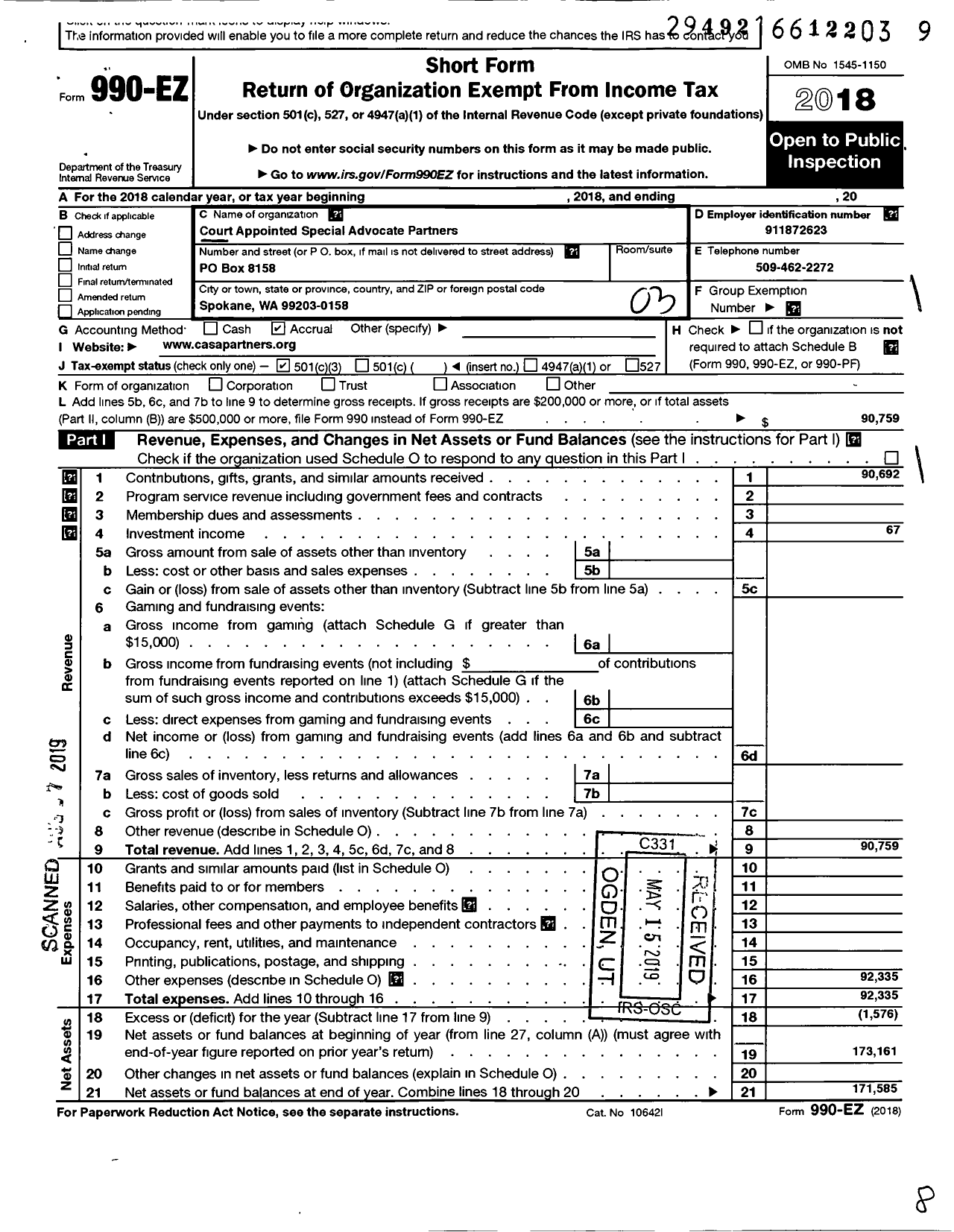 Image of first page of 2018 Form 990EZ for Court Appointed Special Advocate Partners