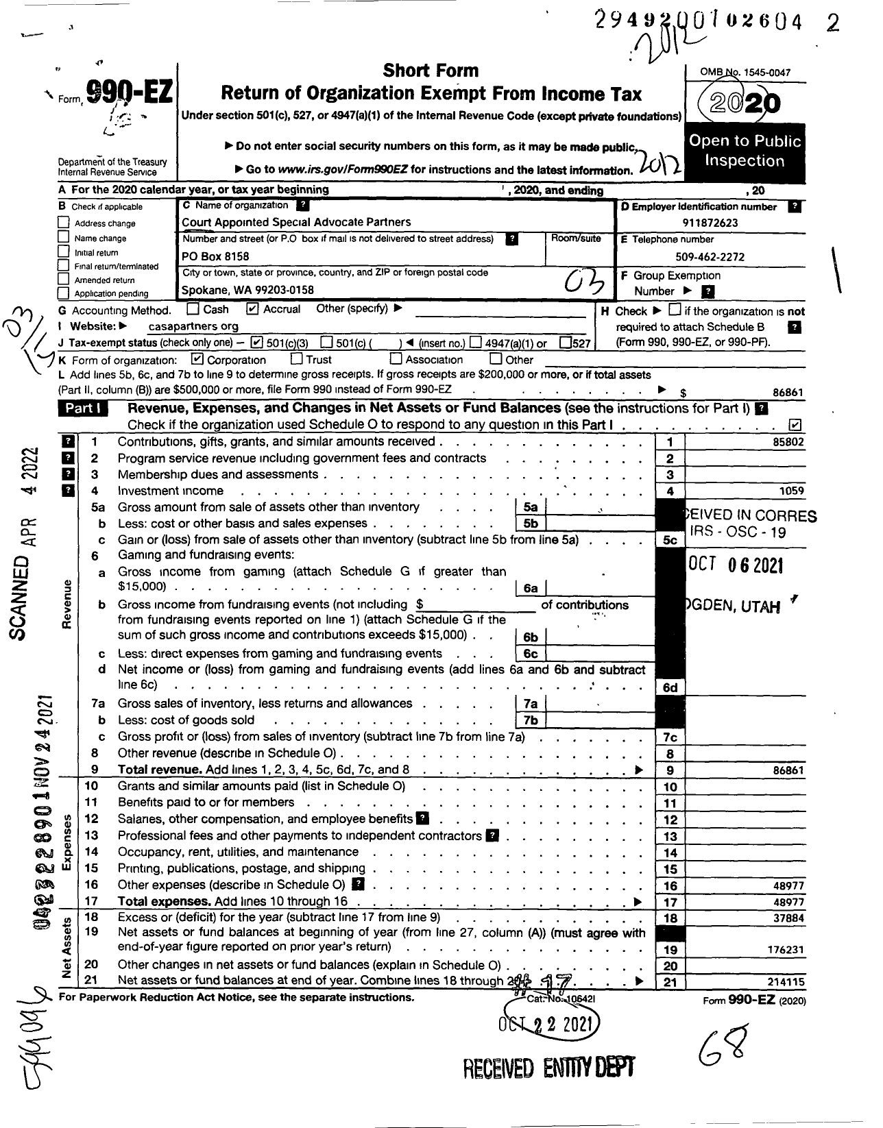 Image of first page of 2020 Form 990EZ for Court Appointed Special Advocate Partners