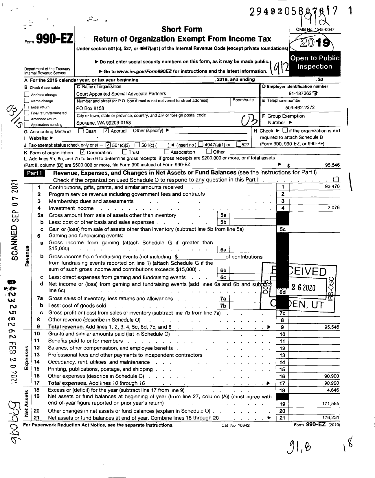 Image of first page of 2019 Form 990EZ for Court Appointed Special Advocate Partners