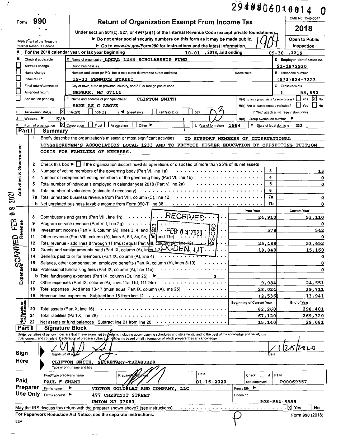 Image of first page of 2018 Form 990 for Local 1233 Scholarship Fund