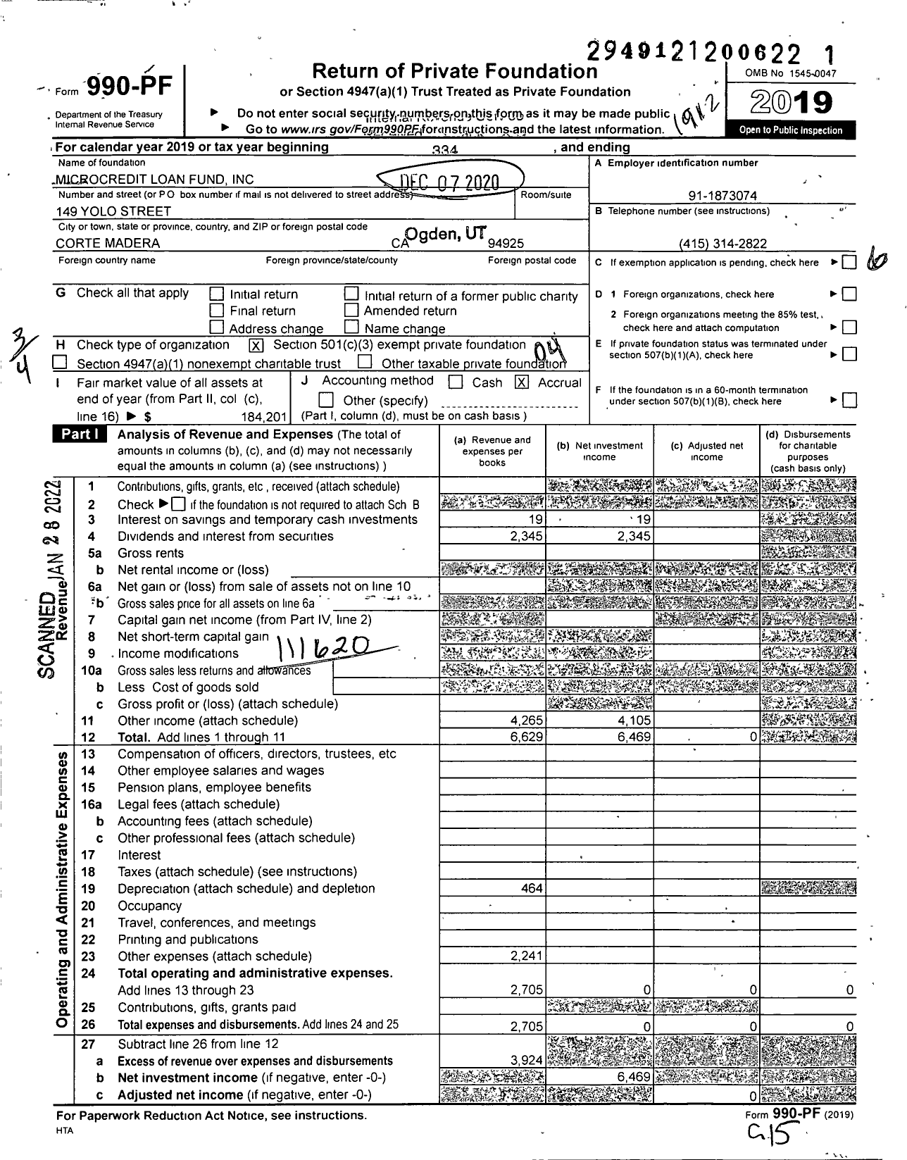 Image of first page of 2019 Form 990PF for Microcredit Loan Fund