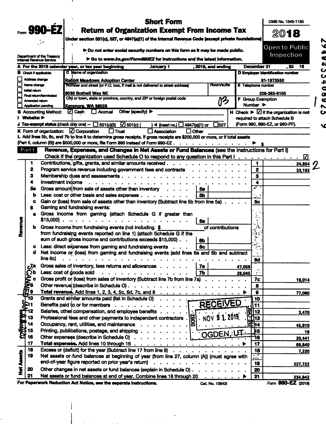 Image of first page of 2018 Form 990EZ for Rabbit Meadows