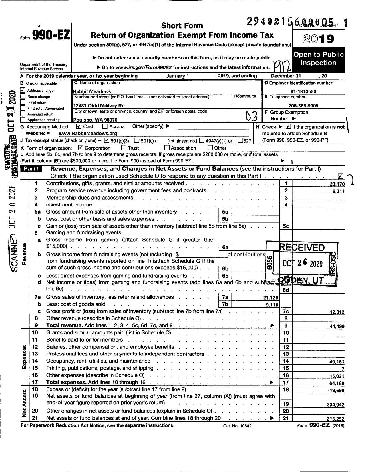Image of first page of 2019 Form 990EZ for Rabbit Meadows