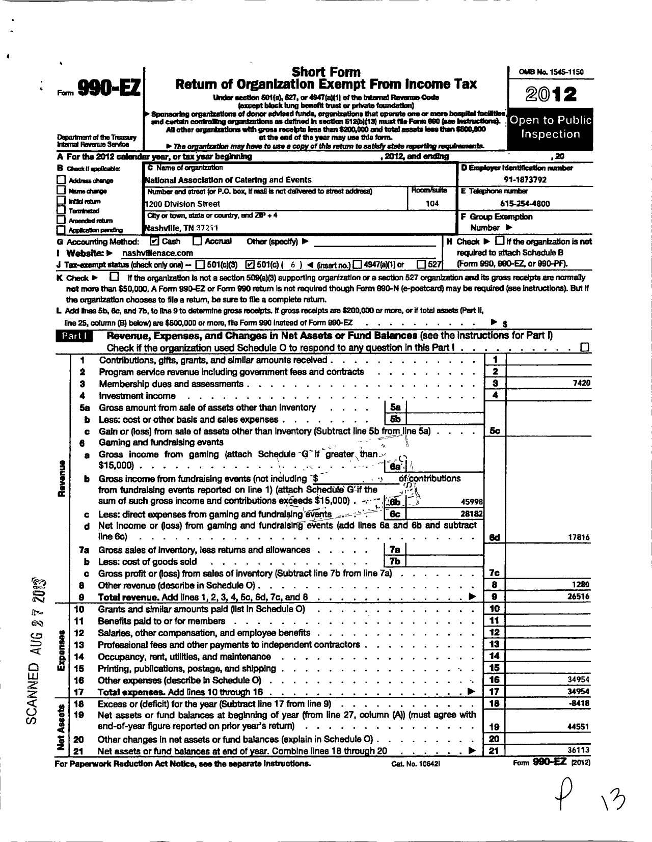 Image of first page of 2012 Form 990EO for National Association for Catering and Events / Nashville Chapter