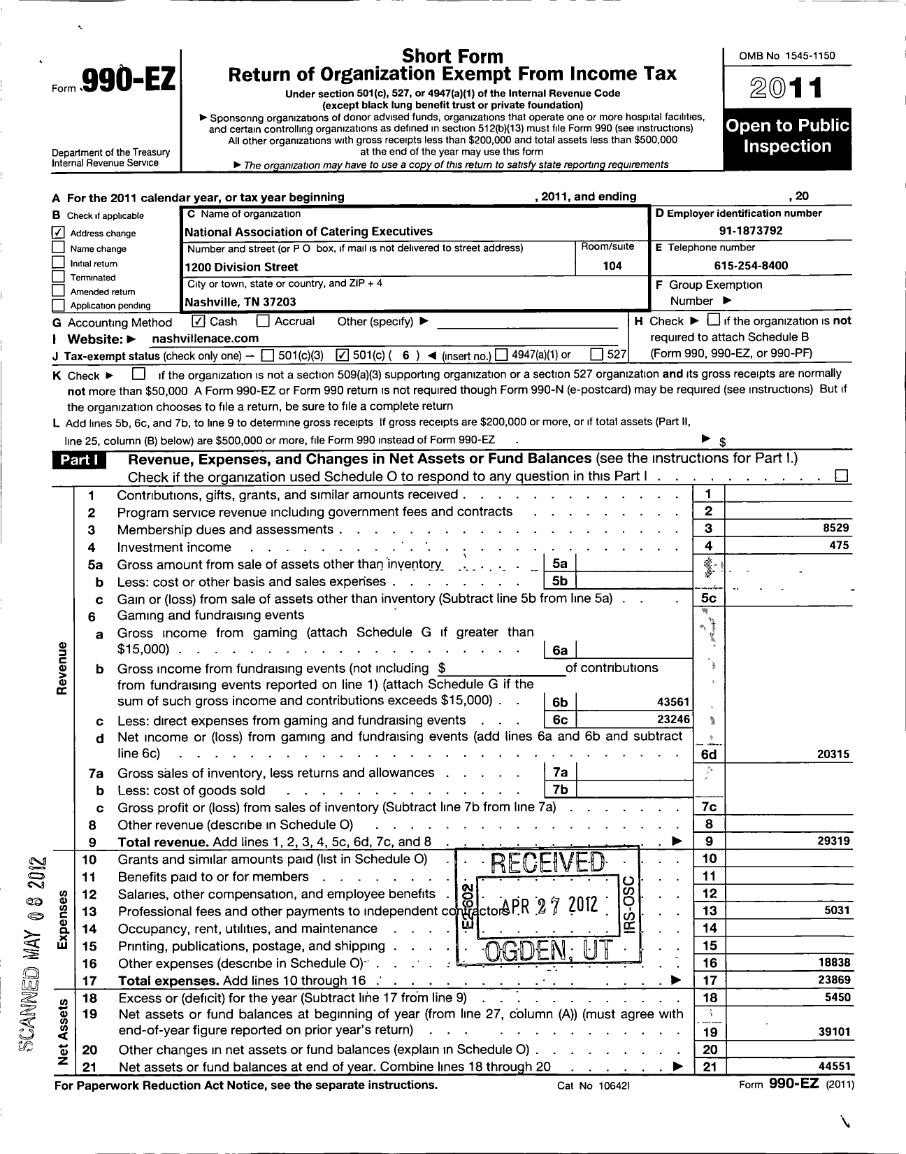 Image of first page of 2011 Form 990EO for National Association for Catering and Events / Nashville Chapter