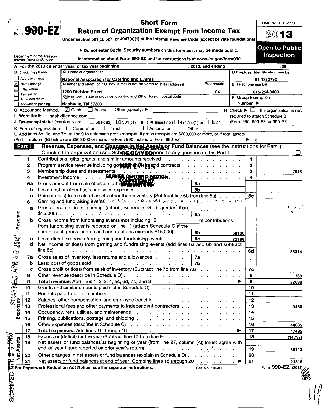 Image of first page of 2013 Form 990EO for National Association for Catering and Events / Nashville Chapter