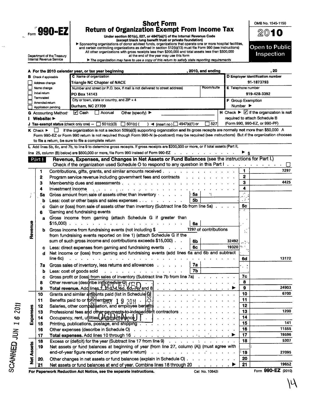 Image of first page of 2010 Form 990EO for National Association for Catering and Events / Triangle NC