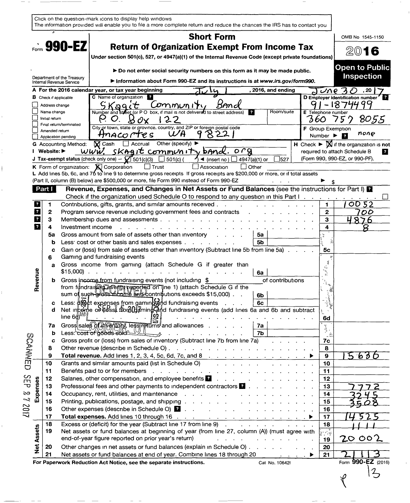 Image of first page of 2016 Form 990EZ for Skagit Community Band