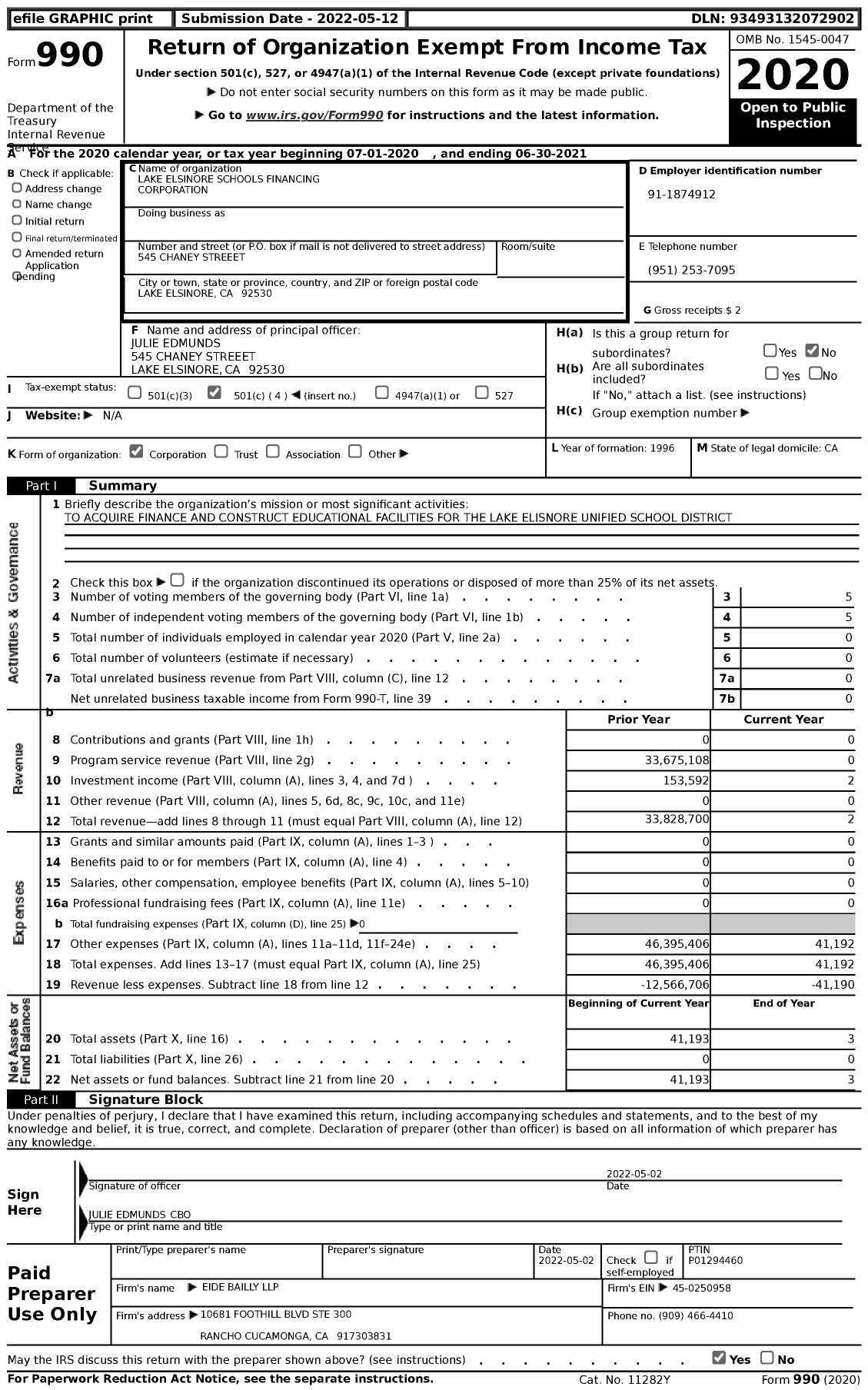 Image of first page of 2020 Form 990 for Lake Elsinore Schools Financing Corporation