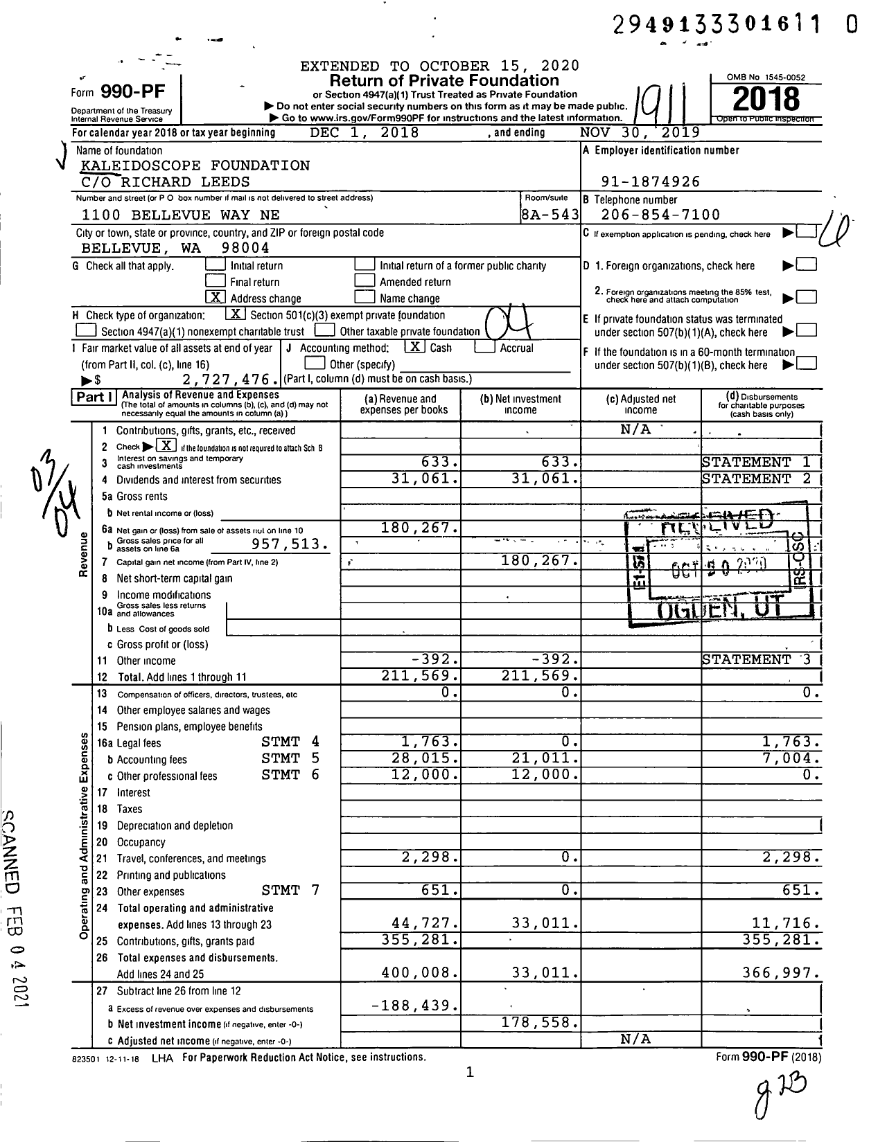 Image of first page of 2018 Form 990PF for Kaleidoscope Foundation