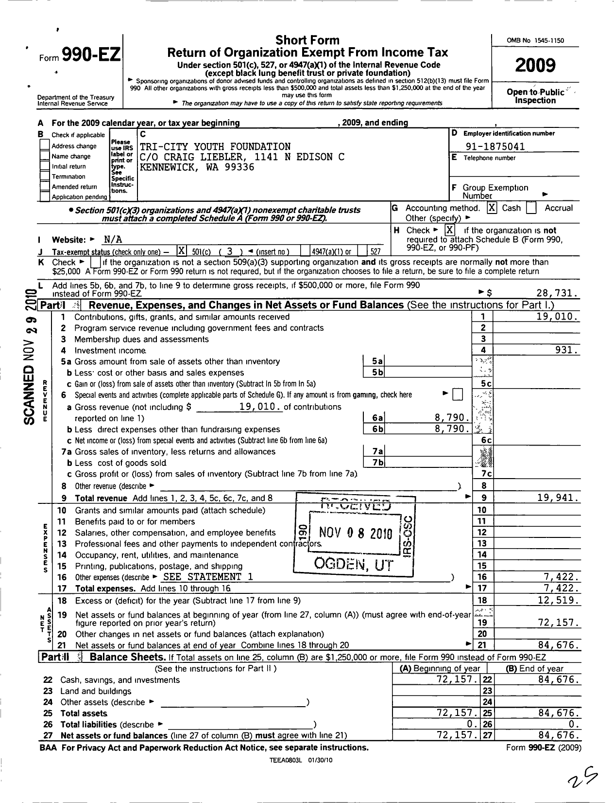 Image of first page of 2009 Form 990EZ for Tri Cities Youth Foundation