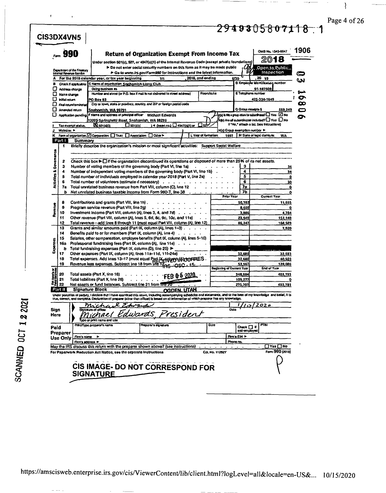 Image of first page of 2018 Form 990 for Snohomish Lions Club