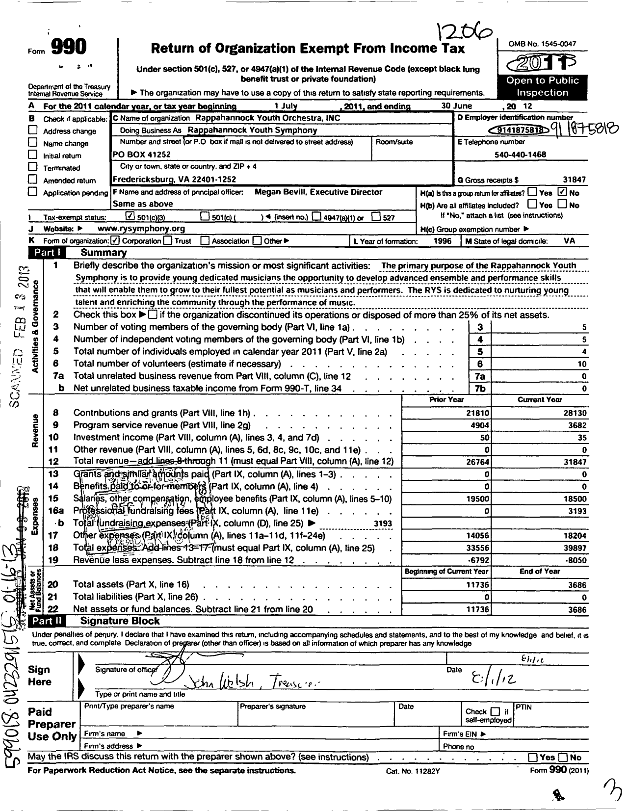 Image of first page of 2011 Form 990 for Rappahannock Youth Orchestras