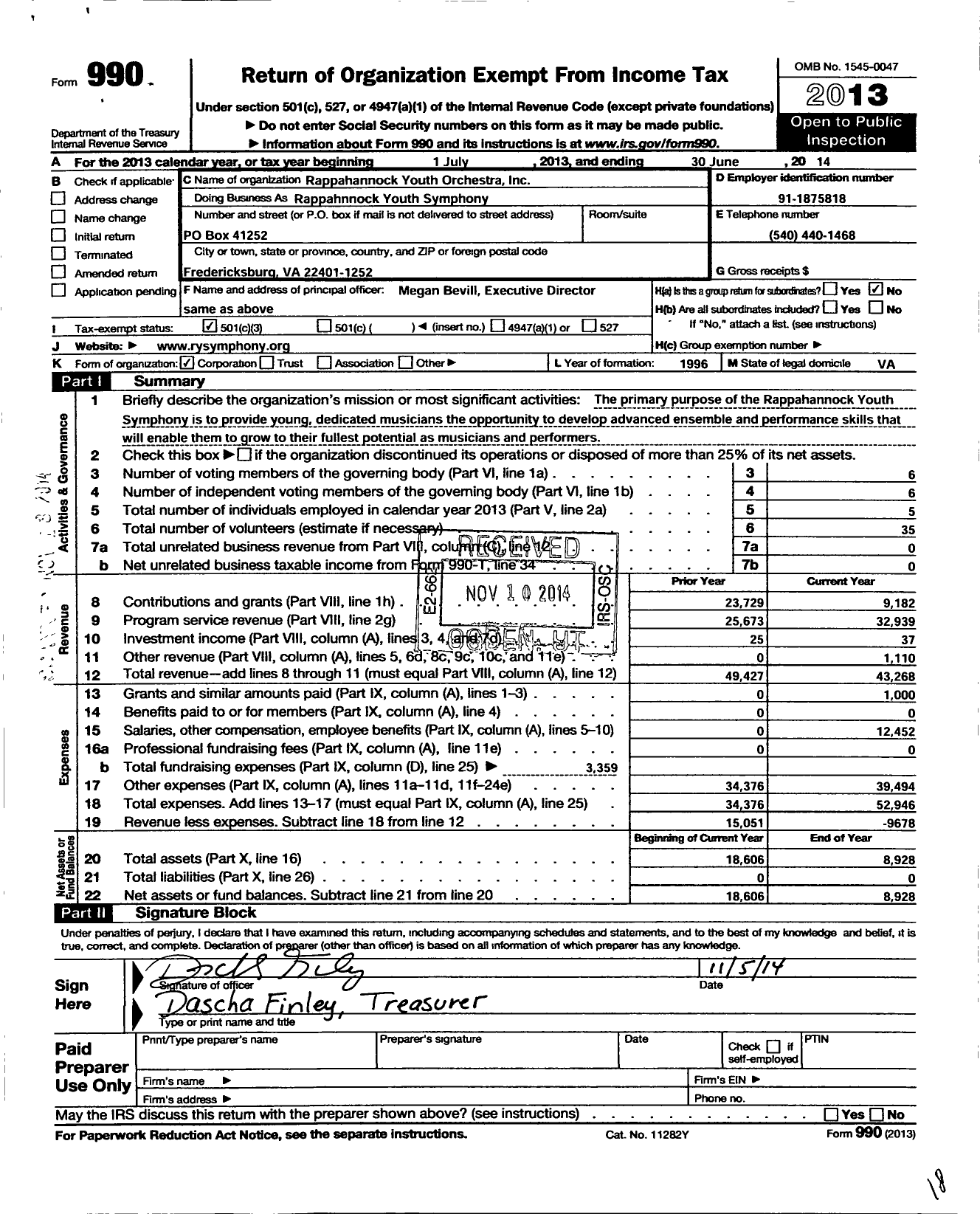 Image of first page of 2013 Form 990 for Rappahannock Youth Orchestras